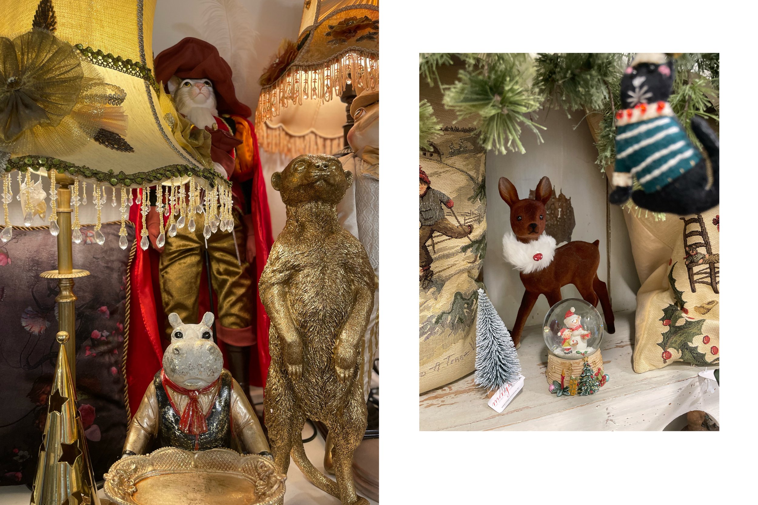 Verschiedenen Wohnaccessoires: Dekorative Figuren wie Nikolaus, Nilpferd, Reh, Katzen goldenes Erdmännchen aus Porzellan und anderen Materialien. Lampenschirme mit aufgedruckten Sujets und Glasperlen sowie bestickte Kissen mit winterlichen Szenen.
