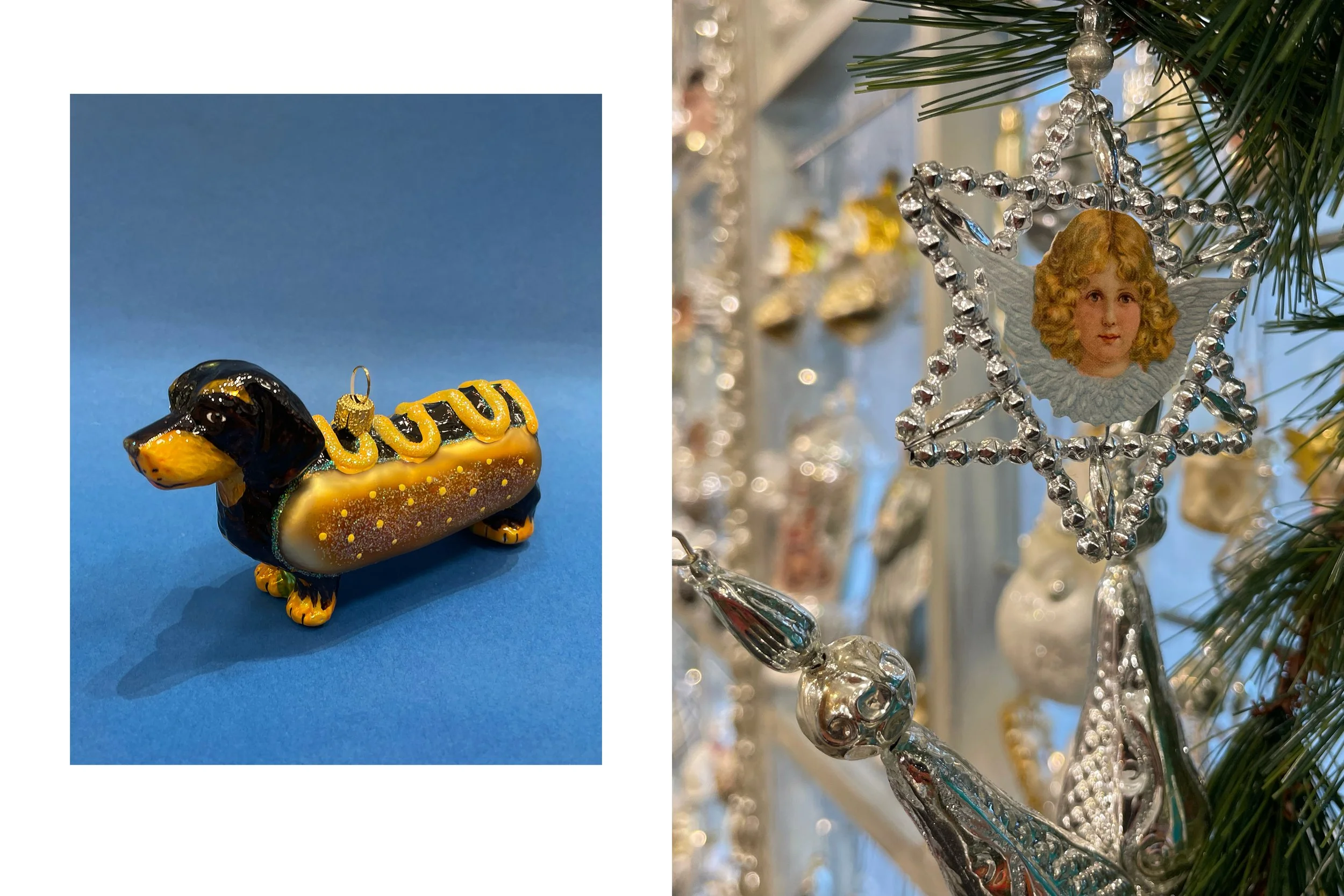 Die Ideen für Weihnachtskugeln gehen nie aus: Ein Dackel als Hotdog! Szenenbild aus dem Pegasus von auserlesenen, mundgeblasenen Glas Weihnachtskugeln und Weihanchtsformen in Silber und Gold:  Engel-Oblaten in einem Stern aus Glasperlen