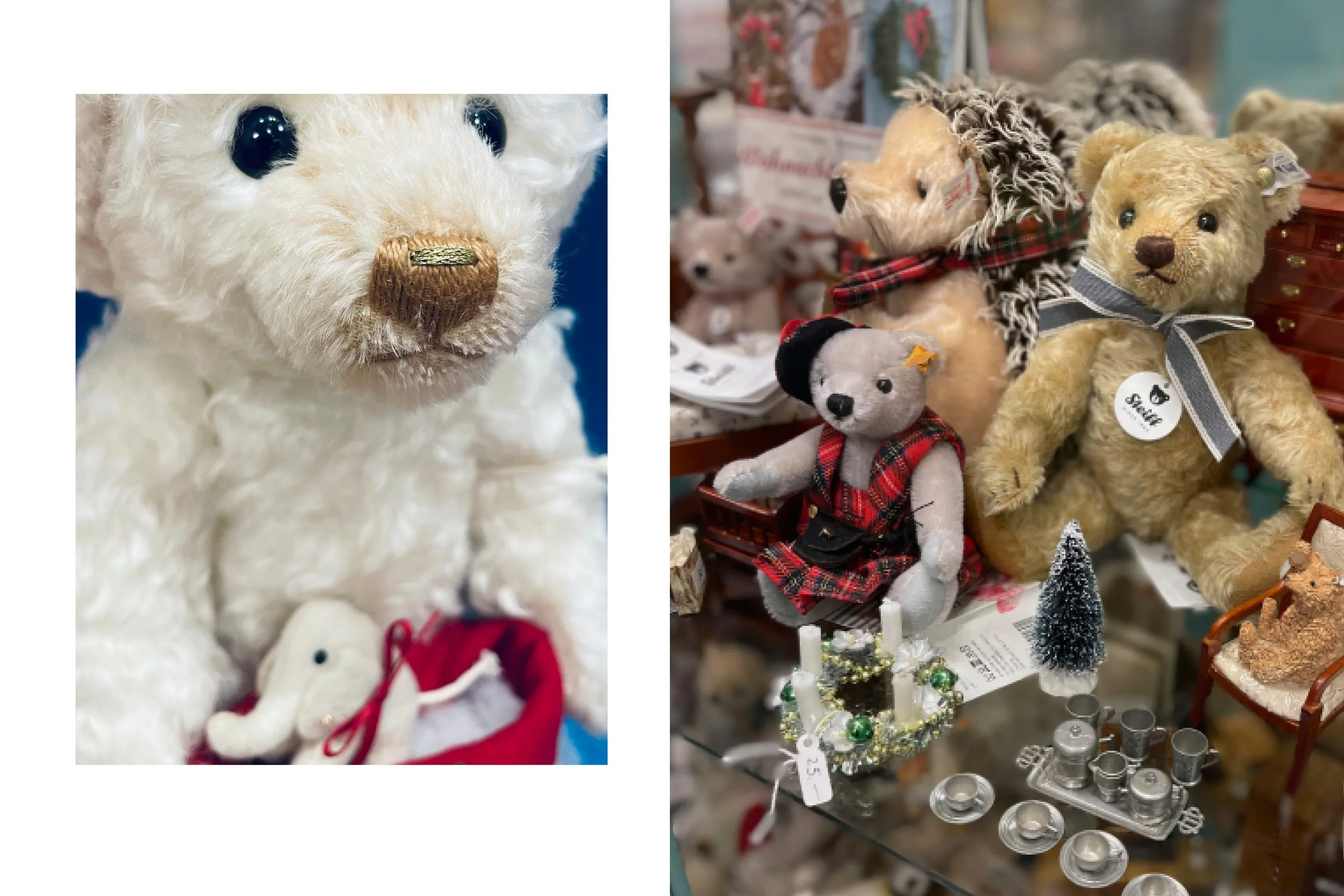 links: Santa Teddybär mit Licht 

Sorgfältig aus dem feinsten weißen Mohair gefertigt, ist Teddybär Santa festlich herausgeputzt und bereit für seine besondere Weihnachtspflicht. Er bringt festliche Freude und wohlige Winterwärme im Überfluss. Sein v