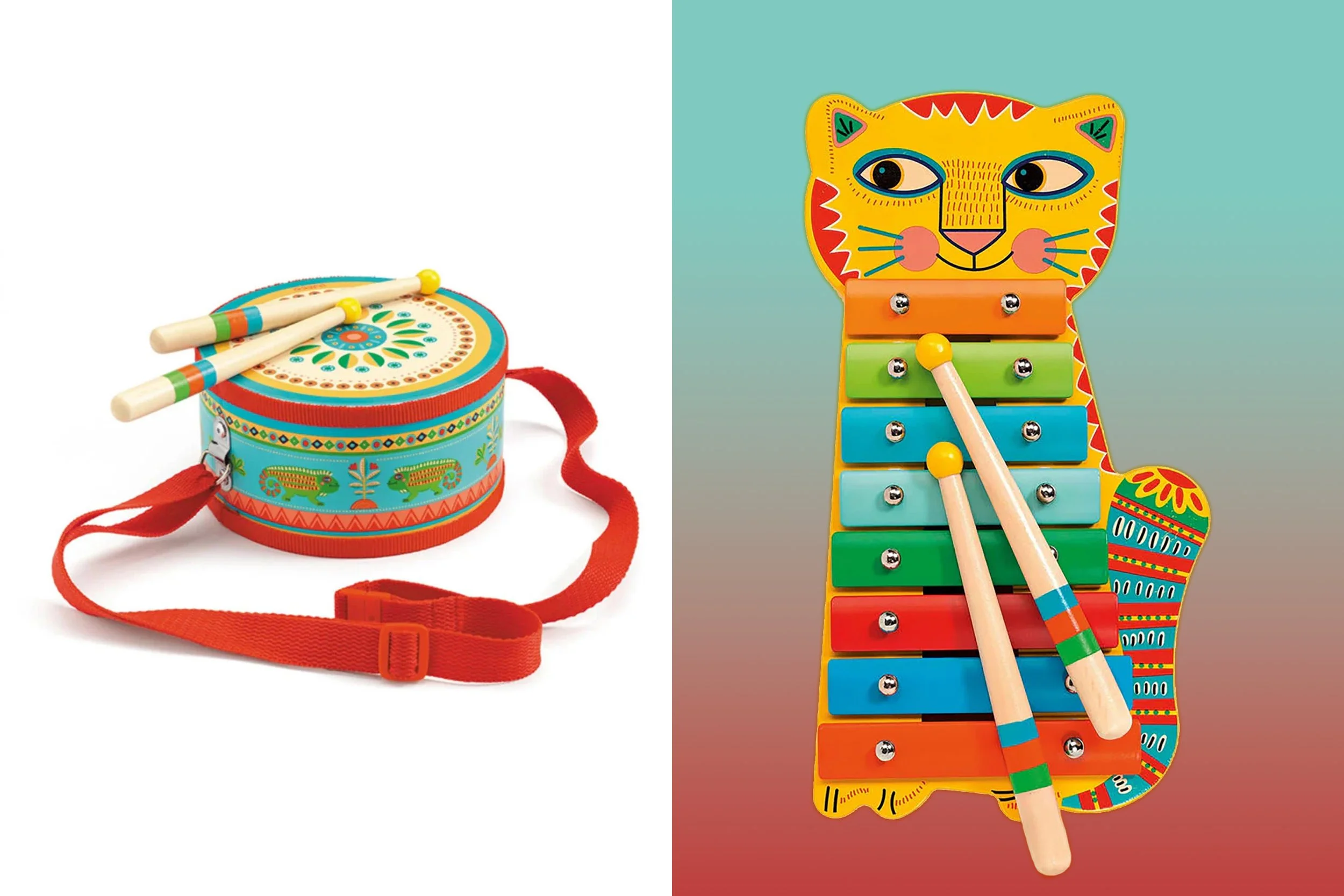 Spielwaren der Marke Djeco: Musikinstrumente wie Trommel und einem xylophon in form einer Katze, beide sind bunt bemalt