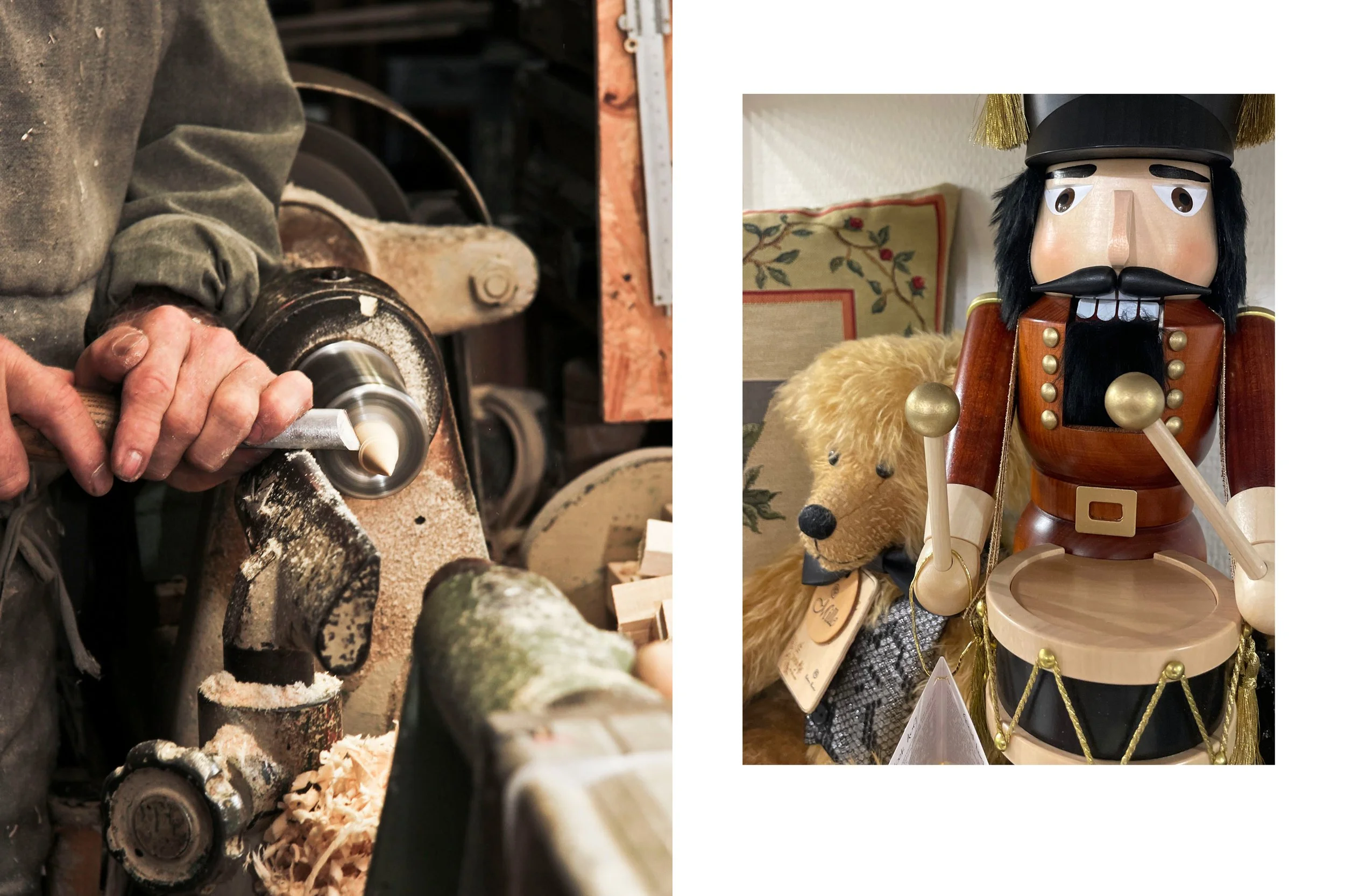 Links: Ein Handwerker beim Drechseln einer ergebirgischen Figur auf einer Drechselbank. Rechts: Nussknacker mit Trommel, Holzspielwaren, Holzfiguren, Holzmanufaktur, Erzgebirge, Volkskunst, Kunsthandwerk, Winter, Weihnachten, Spieldose, Musikspieldos