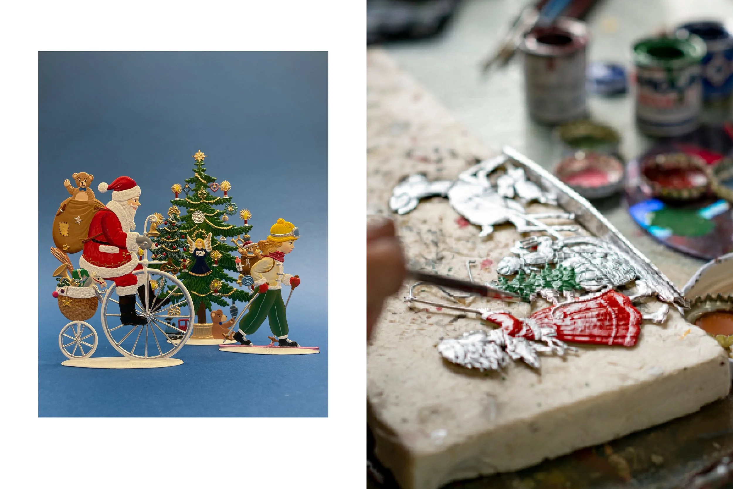 Figuren aus der Wilhelm Schweizer Zinnmanufaktur: Weihnachtsmotive mit Nikoläusen auf antikem Fahrrad und Nikolaussack, Mädchen auf Ski und im Hintergrund ein Weihnachtsbaum. Rechts: Szene aus der Werkstatt; eine Kutsche mit Engel welche von einem Re
