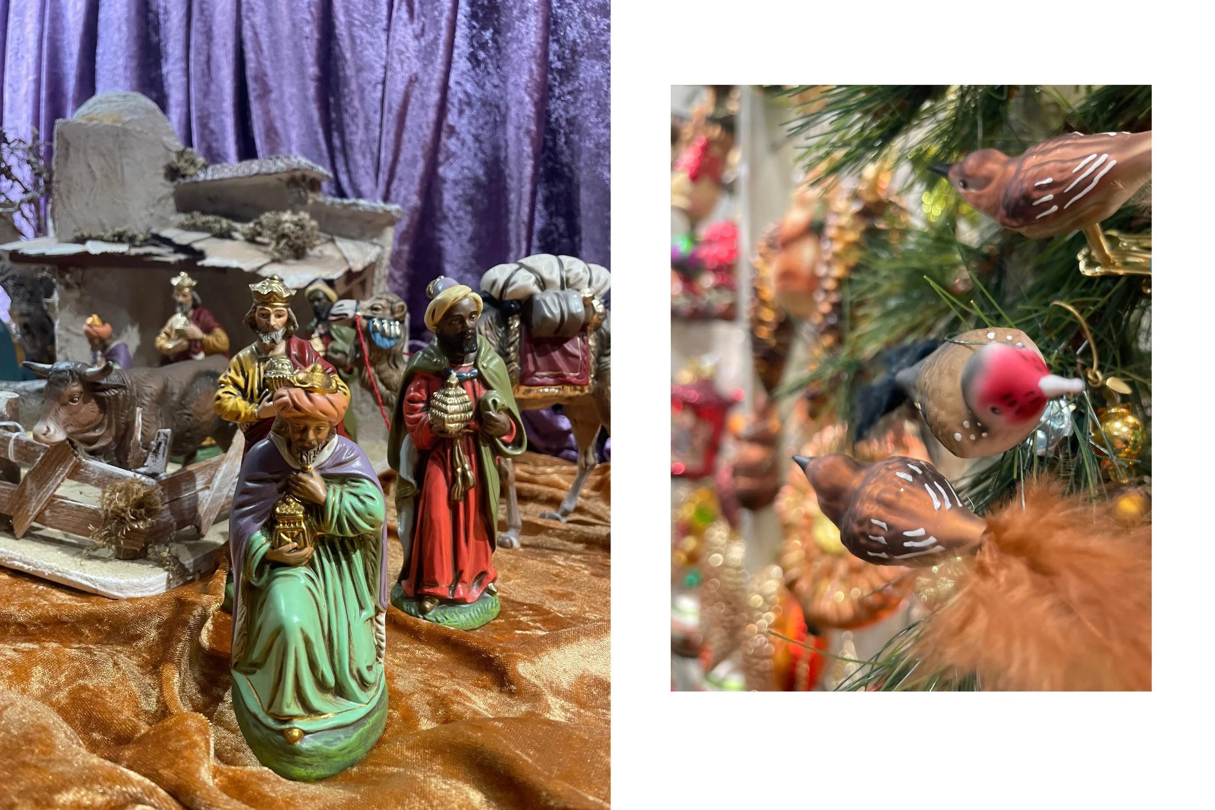 Ausschnitt aus einem Szenenbild mit Marolinkrippe. Die 3 Könige kommen zur Krippe. Impression der Weihnachtskugeln mit Vögeln aus dem Pegasus Weihnachtswunderland