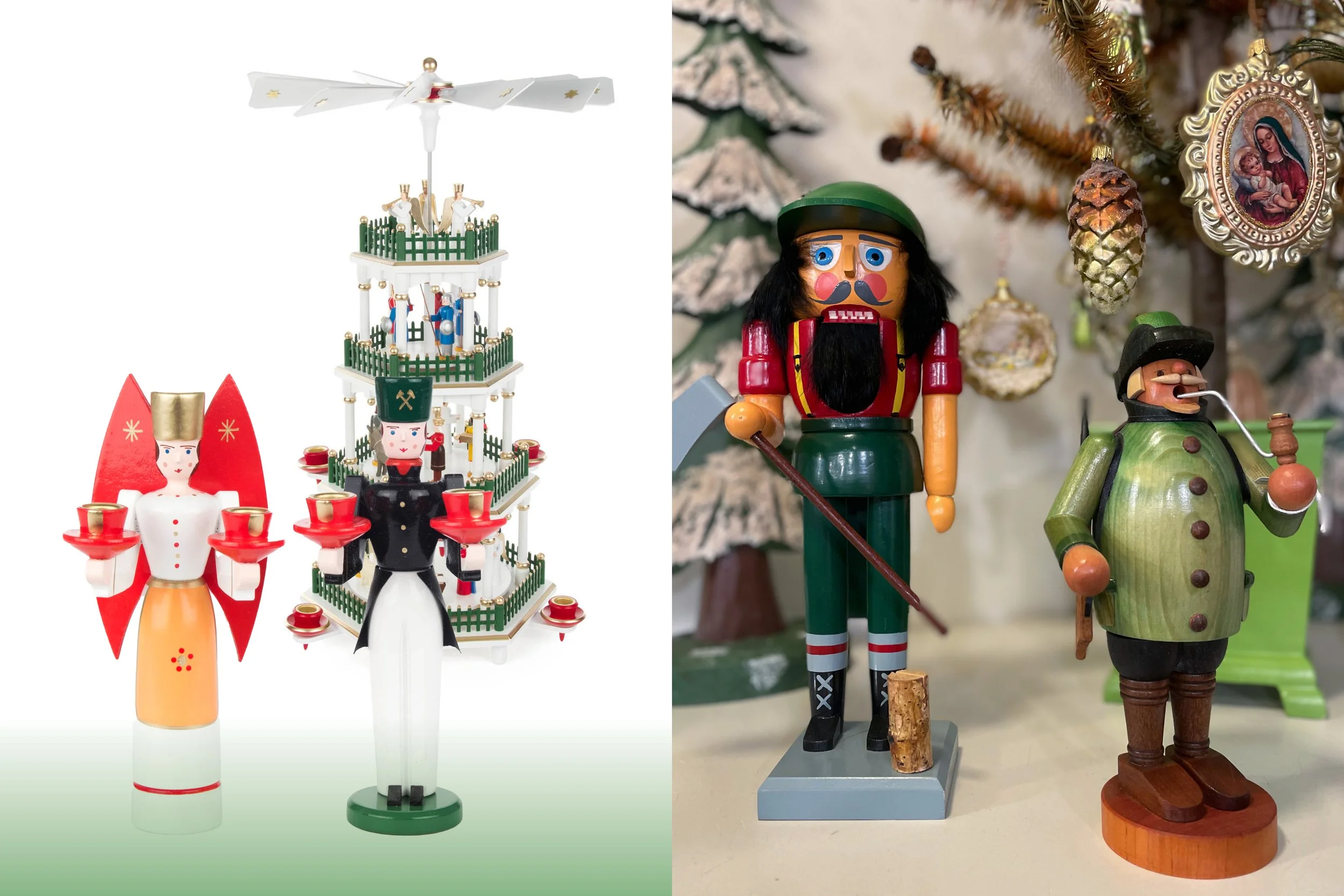 Erzgebirgische Volkskunst Holzfiguren. 
Rechts: Ein bemaltes Räuchermännchen eines Jägers mit Gewehr, Rucksack sowie ein Nussknacker in Form eines Holzhackers. 
Links: Eine Weihnachtspyramide in Form eines Weihnachtsbaumes, ein Engel mit roten Flügel