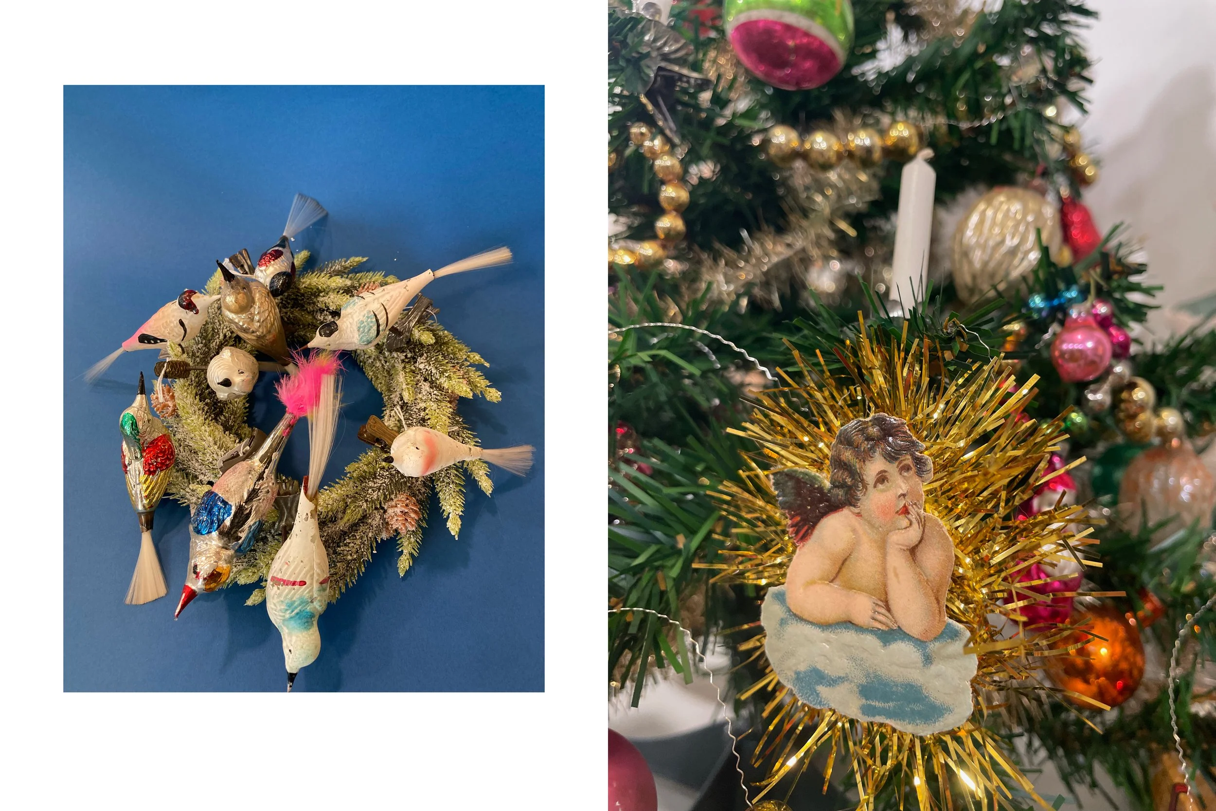 Zusammenstellung von antiken Weihnachtsvögel mit Clip auf Adventskranz angebracht. Antiker Weihnachtschmuck mit Oblaten-Engel an einem Miniatur-Weihnachtsbaum. 