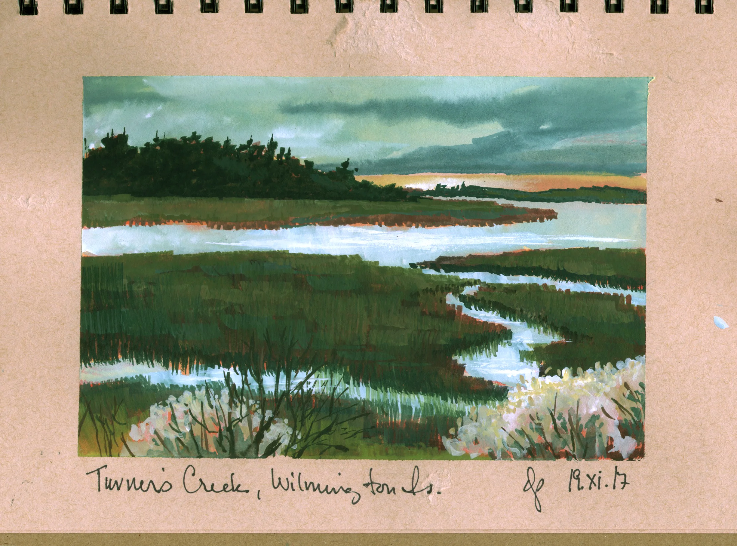 Full-color gouache sketch of Turner's Creek, separating Wilmington from Whitemarsh Island