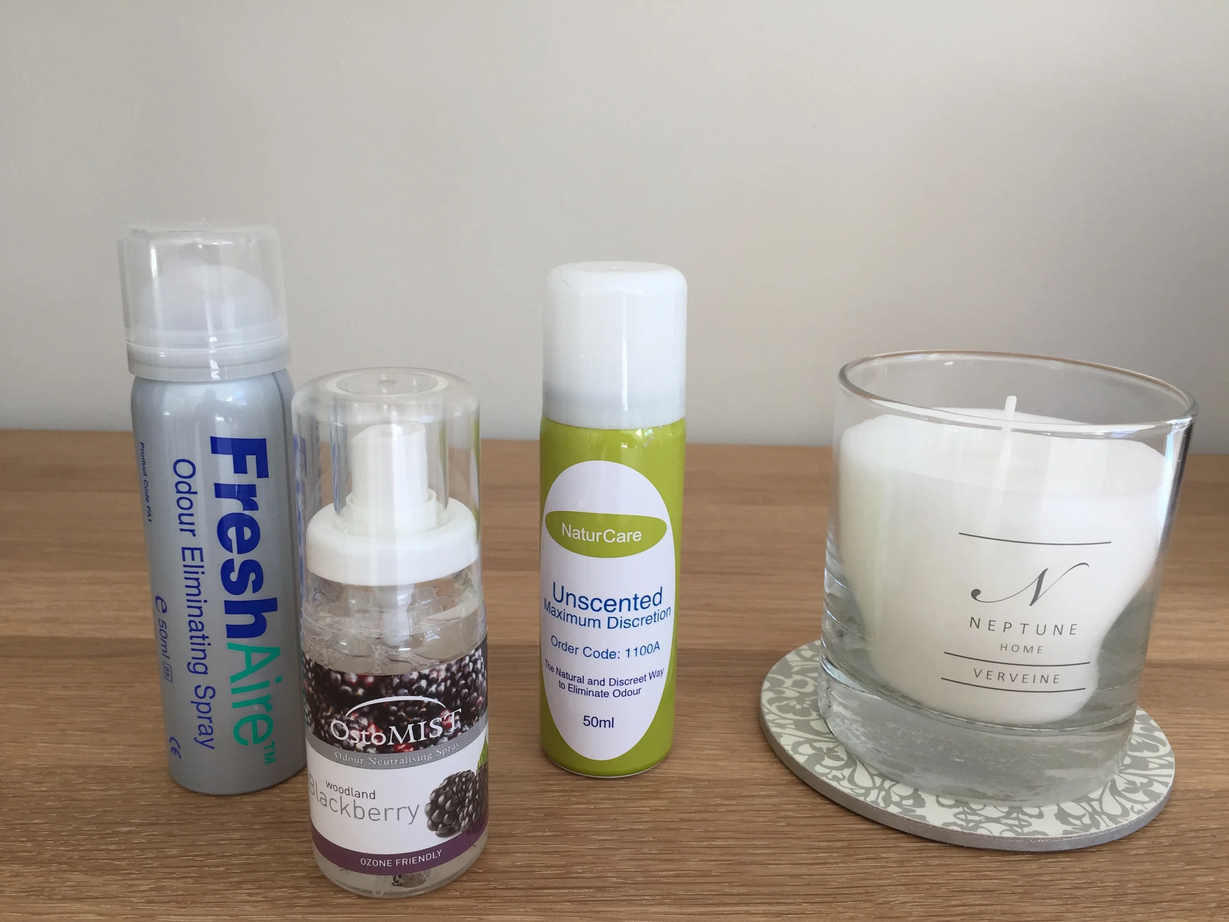There are a variety of ostomy rooms sprays available, they work far far better than any normal retail air fresheners. I prefer the minty ones but I imagine that is very much down to personal choice. Your ostomy provider should be able to supply various room sprays, Candle from Neptune.com