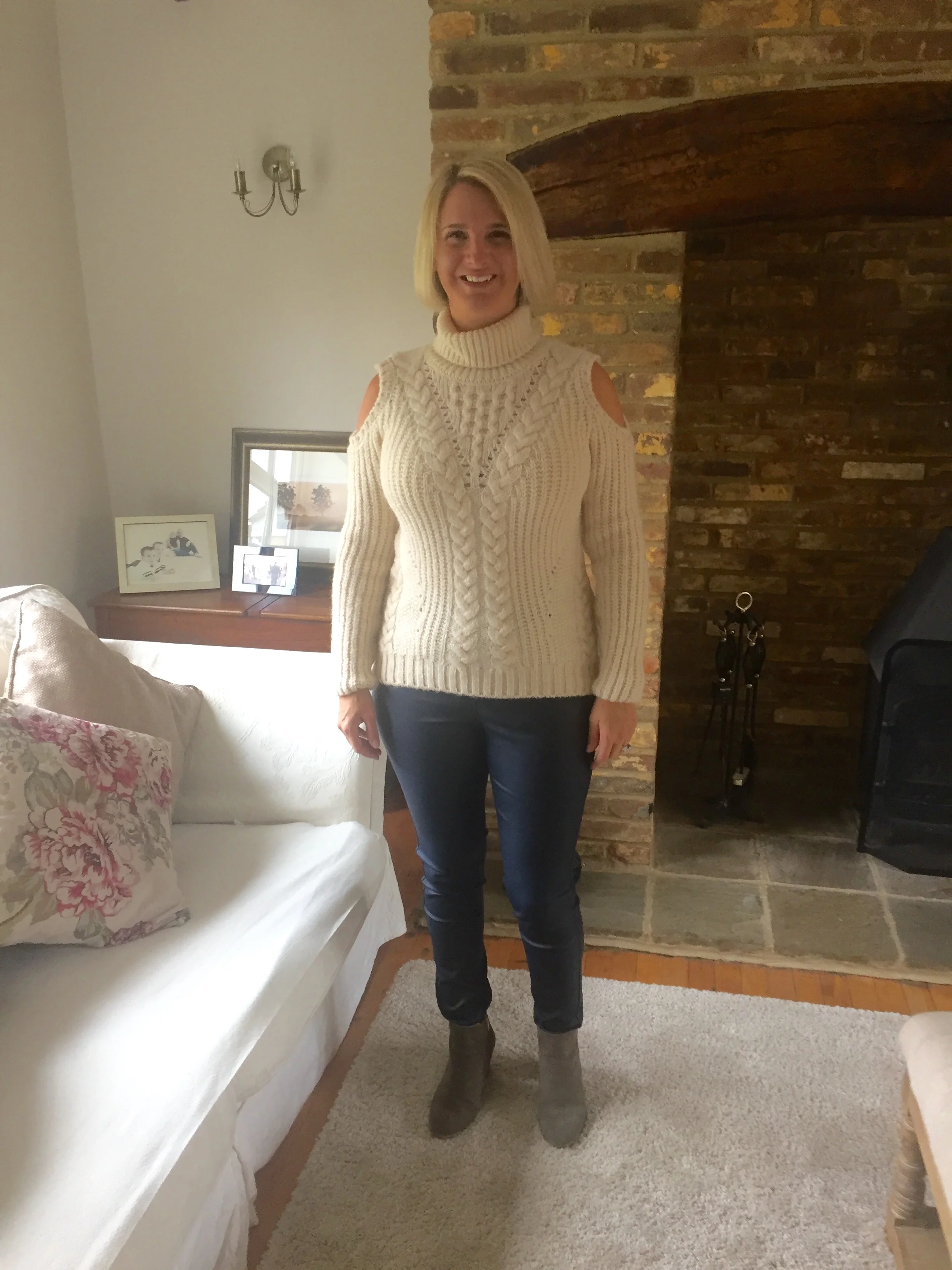 Top from Marks and Spencer, Leather look trousers in navy from Next, Boots from Phase Eight.