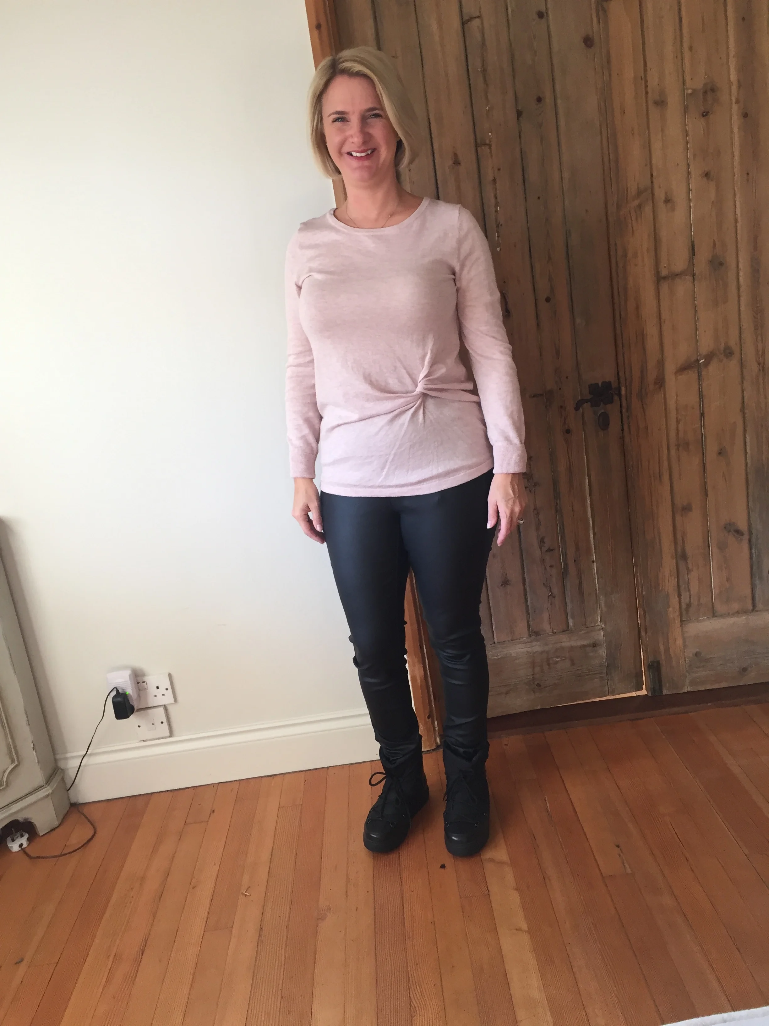 Top from Next, leather look jeggings from Next and Boots from Moncler