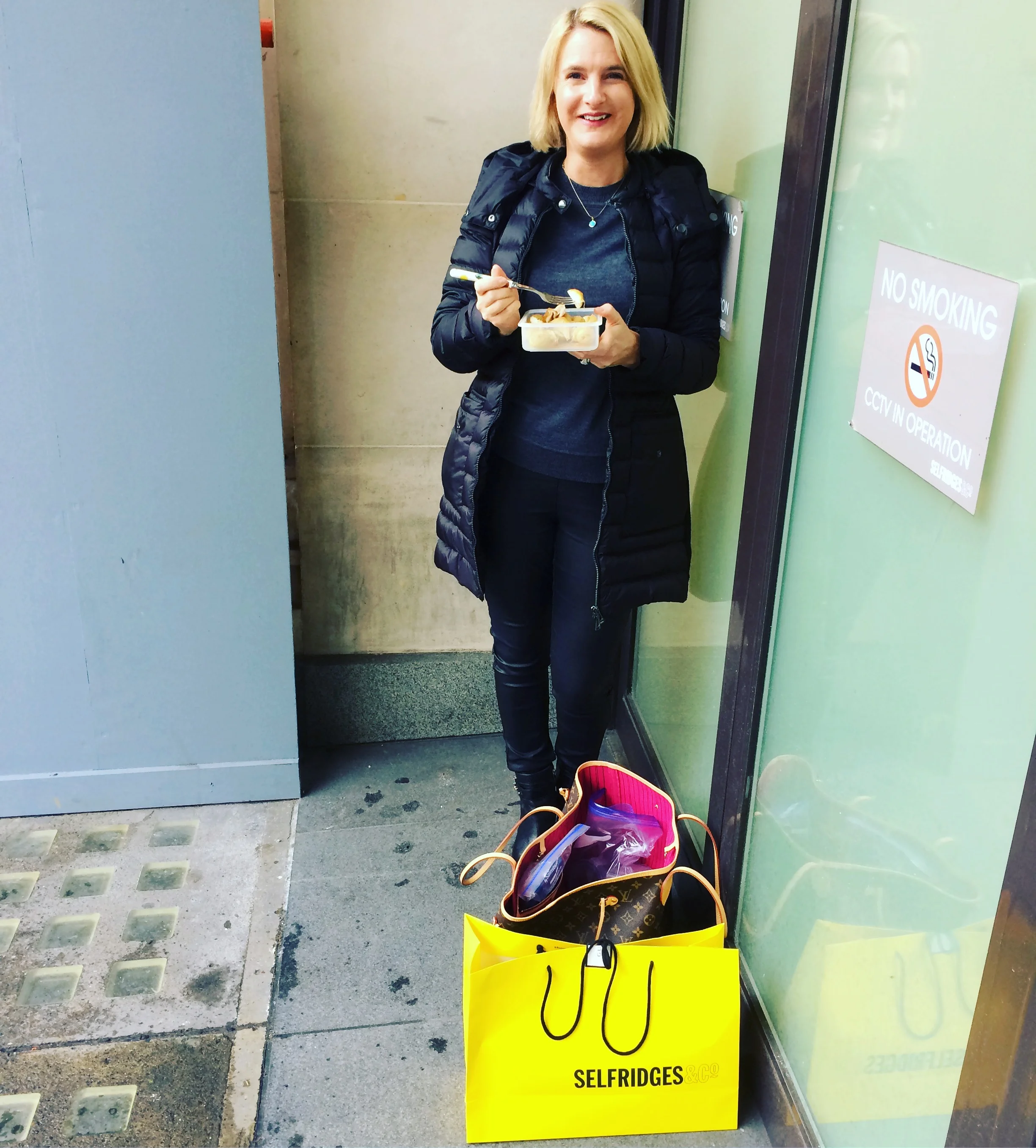 'Enjoying' my SW packed lunch in the beautiful surrounds of Selfridges scaffolding hahahahah Coat from Belstaff, Jumper from Tory Burch, Jeggings from Next, Boots from Tory Burch.