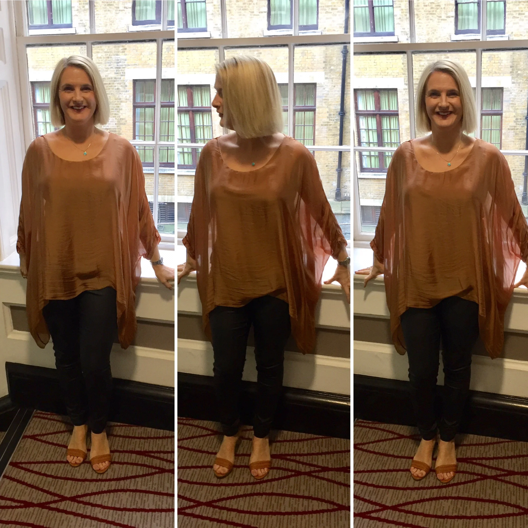 Chiffon/silk overlay on a cotton vest style undertop. I've said before I can't do layering but this one was done for me, perfect for covering and concealing. Top from a boutique in Lavenham,Suffolk, Leather look jeggings from Next and Sandals from Ralph Lauren.