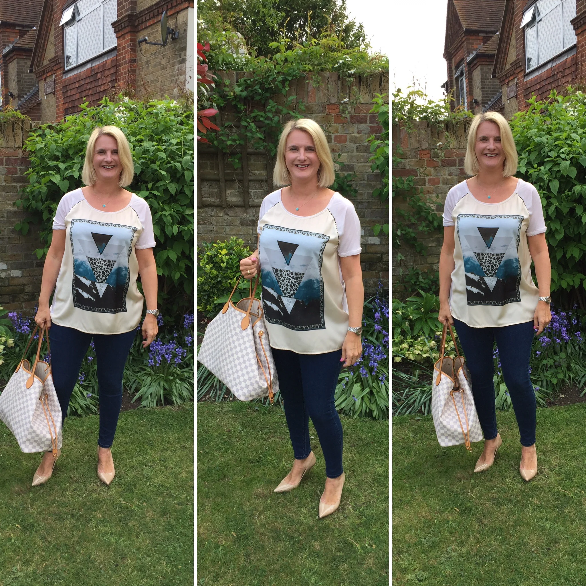Top from TK Maxx (TJ in USA), Jeans Topshop, Shoes - Agnes from Jimmy Choo, Bag from LV. Practicing for my quick change artist act I chose this outfit as speedily as I could. The top being baggy calmed my self consciousness about my belly sticking out...and just in case anyone was just about to be kind and reassure me that it's not that bad, I was shopping in John Lewis the other day with my pregnant friend Kim looking for a small folding baby buggy, she had wandered off and the lady in there thought the purchase was for me and my impending arrival and when I said it wasn't for me her eyes darted to my belly and a look of confusion set in...much to Kim's delight on her return!!! Hahahahahahahahahahah...