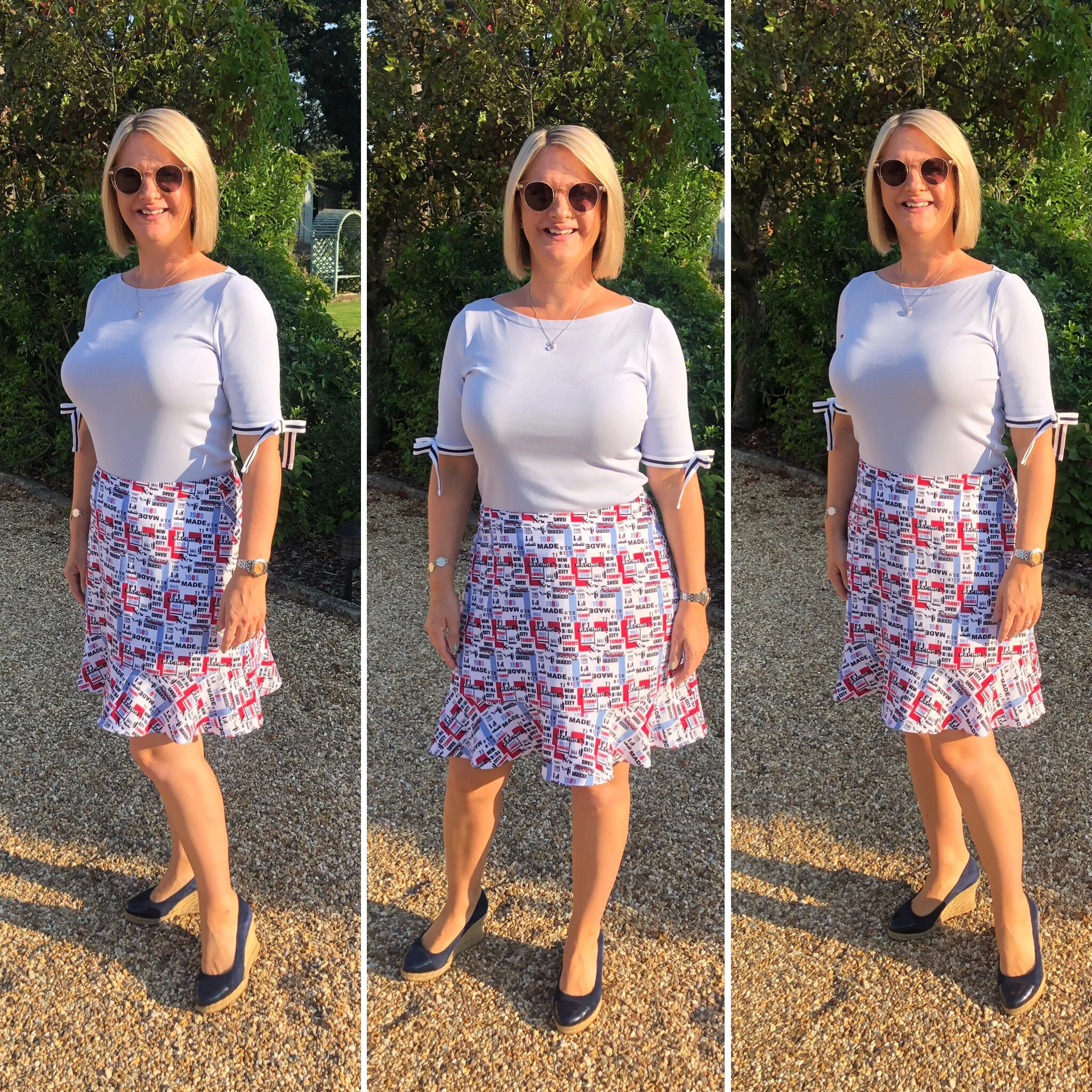 Top from Ralph Lauren, Skirt from Tommy Hilfiger, Shoes from Russell and Bromley.