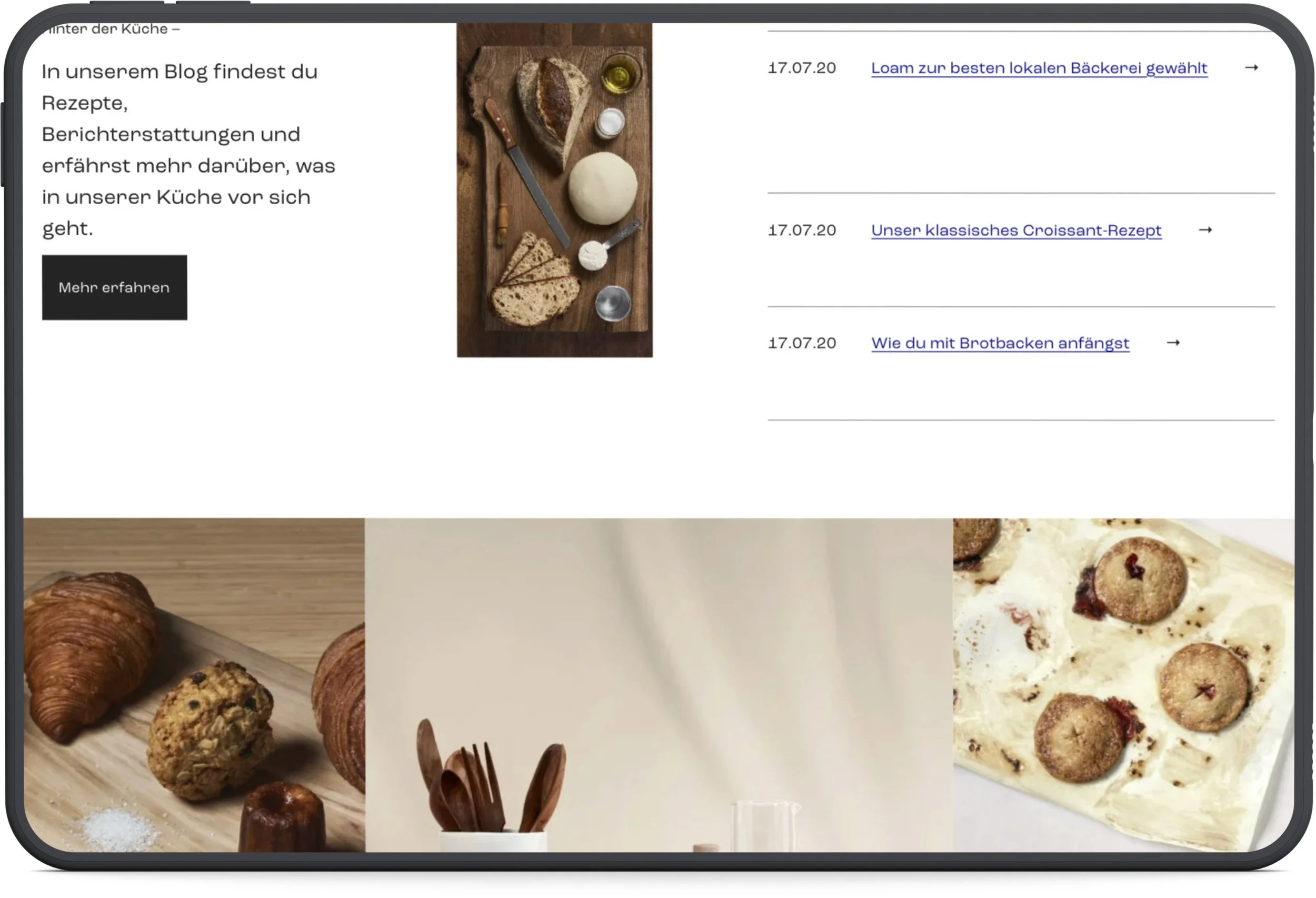 Screenshot von Website Loam, viele Fotos mit Brot und Brötchen