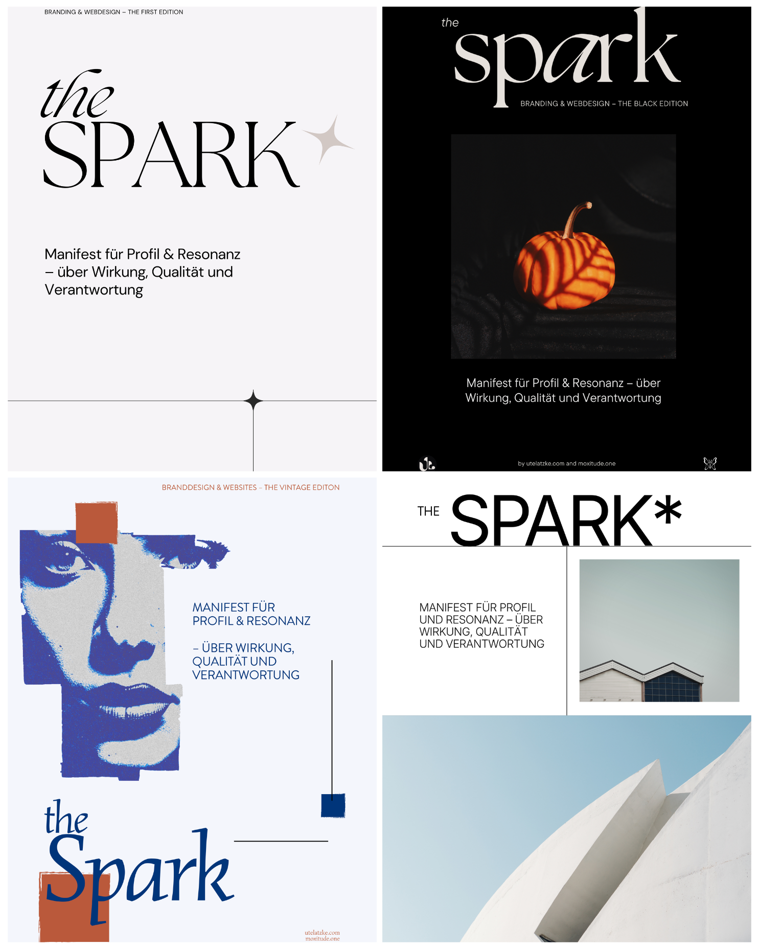 Bild zeigt 4 verschiedene Layouts von the Spark, ein Manifest mit 11 Thesen zu Webdesign