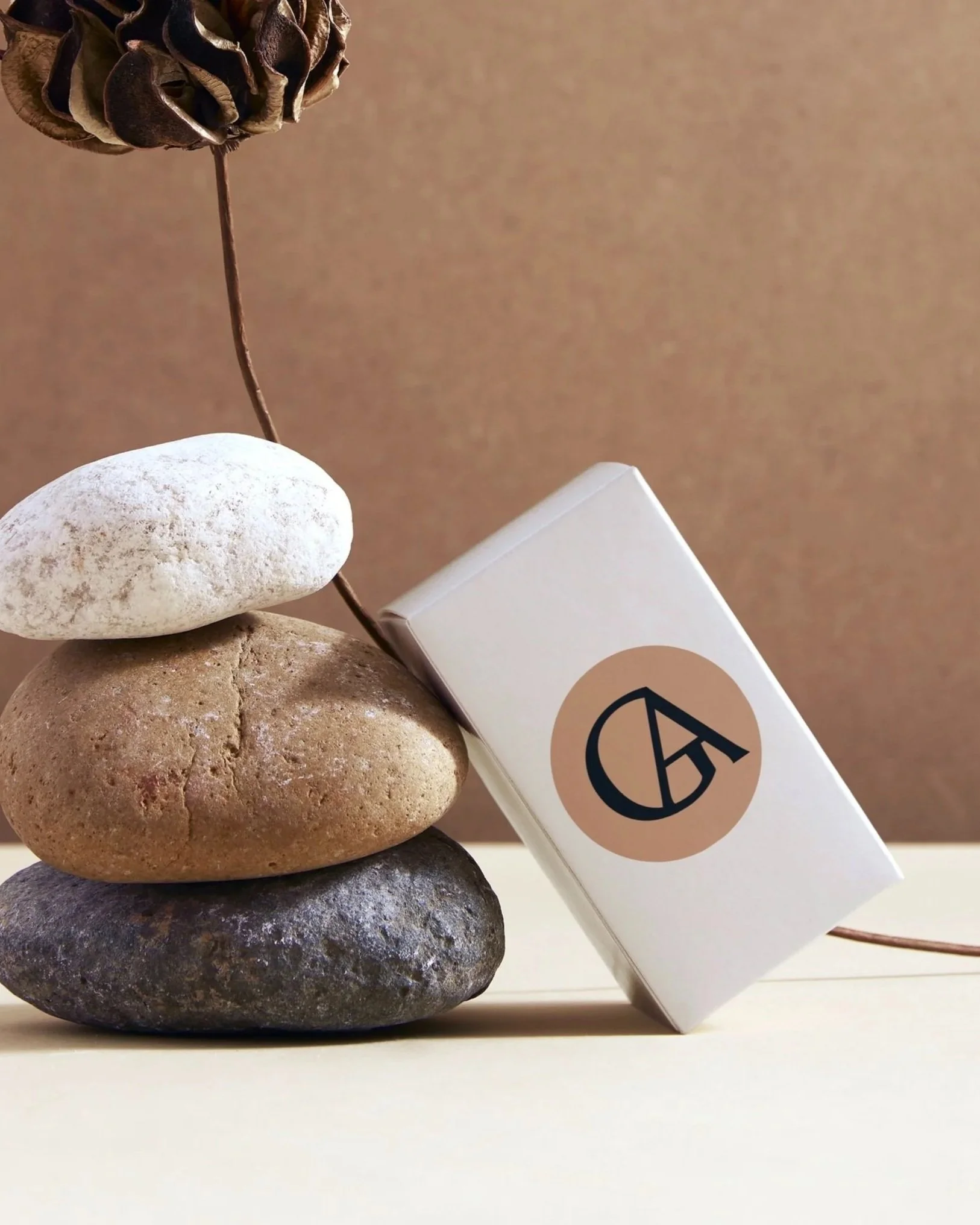 Packung mit Logo lehnt gegen Steinen, Stillleben