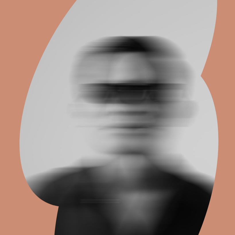 Grafik brauner Hintergrund, davor Person verschwommen in Schwarz-weiß