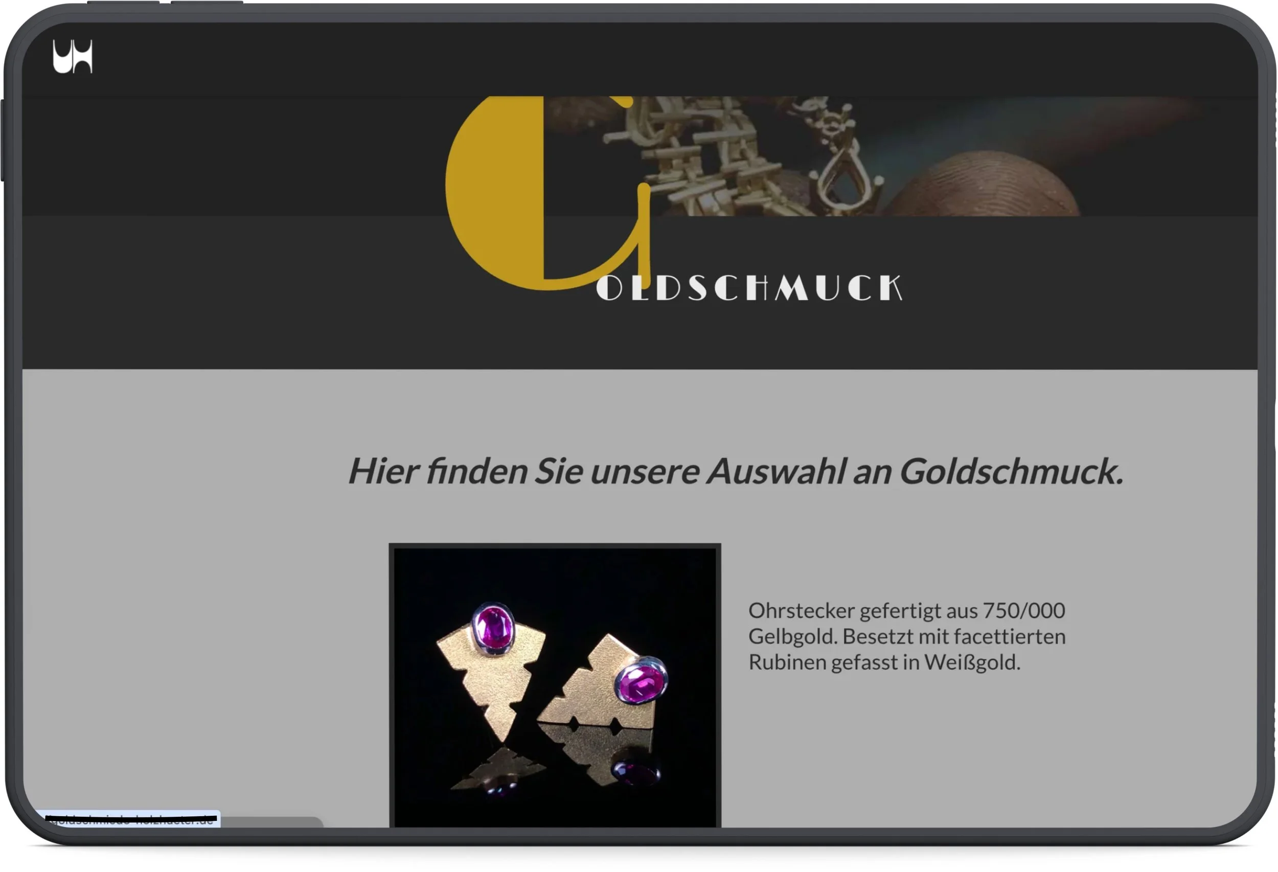 iPad mit Screenshot Schmuckgeschäft, Ohrstecker aus Gold und Rubine
