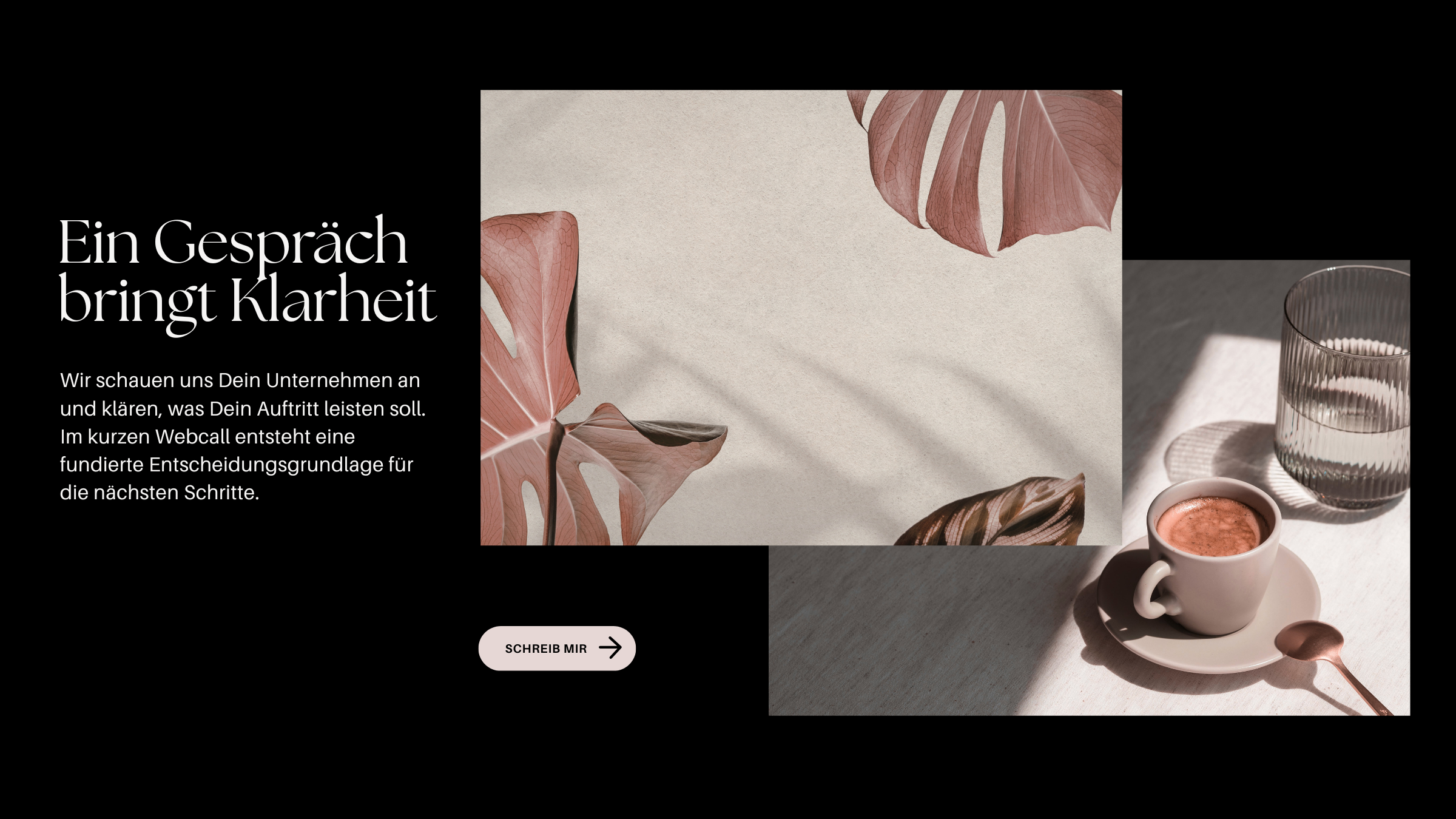 Layout mit schwarzem Hintergrund und zwei Fotos, eines mit Blättern, eines mit Kaffeetasse