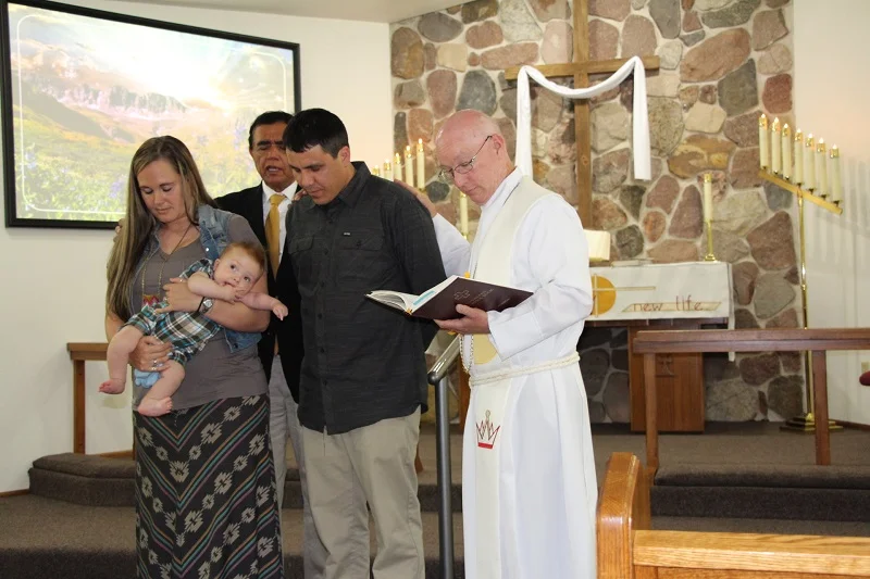 Rev. Dr. Don Johnson Praying at Commissioning of Bob Prue - Rosebud Sioux - at Zion Lutheran Church, Oneida, Wisconsin