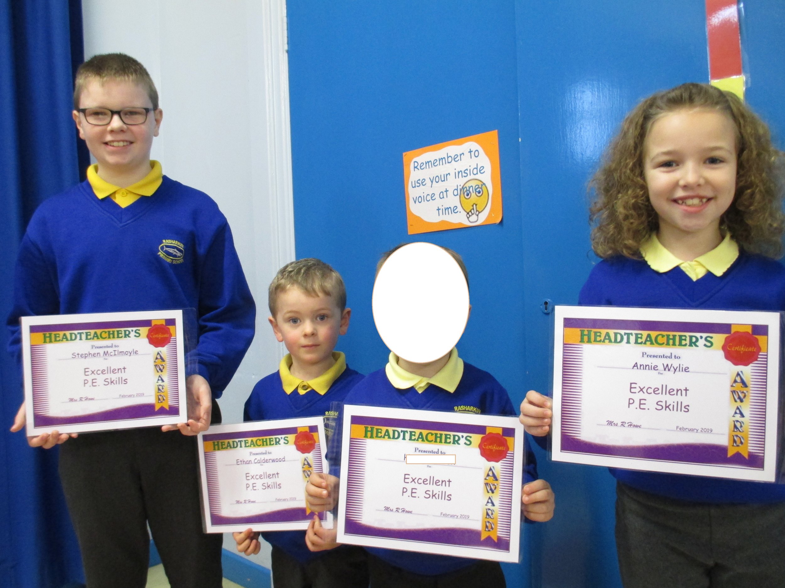 Stephen, Ethan and Annie received certificates for 'Excellent P.E. skills.