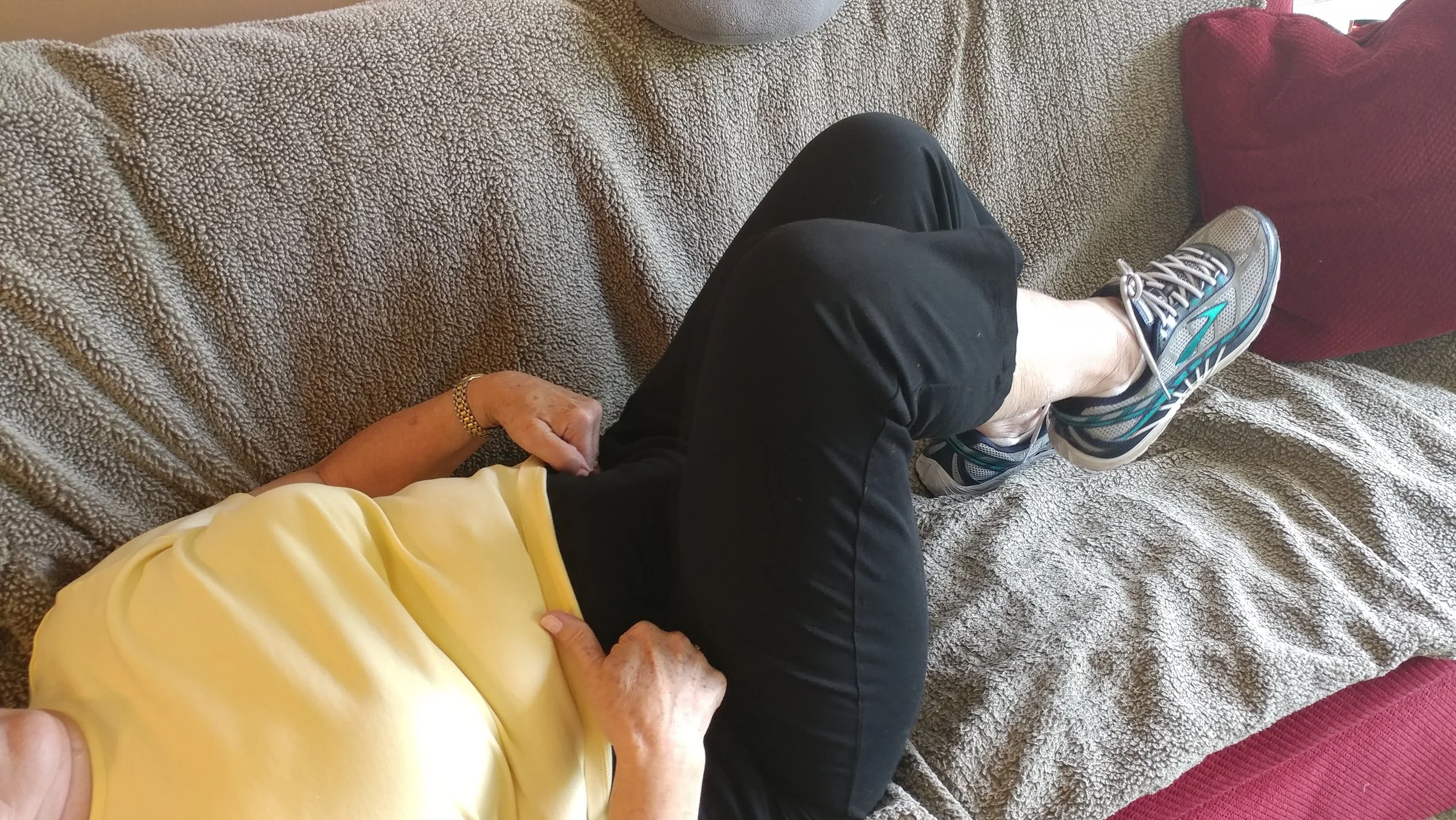 Perform "crunch" only if you need to, but recruit core muscles first. Use hands to feel if they are on, if they are, breath and perform marching 5 reps each leg.Perform 3/day to improve the skill of turning the core "on", "find the light switch" sti…