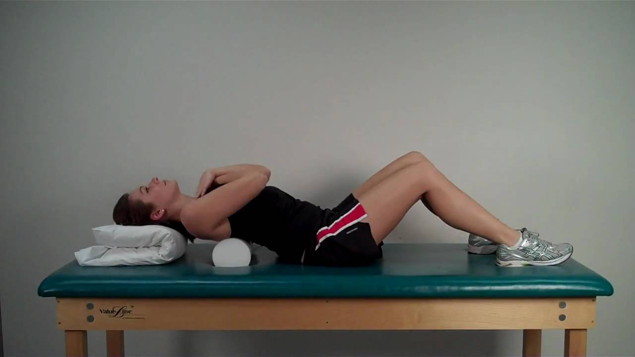 Place "rolled of towel" like above. Start a little higher, let back stretch like above for few minutes, then place "roll" one segement down towards your tail-bone. Do at 4 or 5 levels, each for a few minutes. 5-10/day if able.