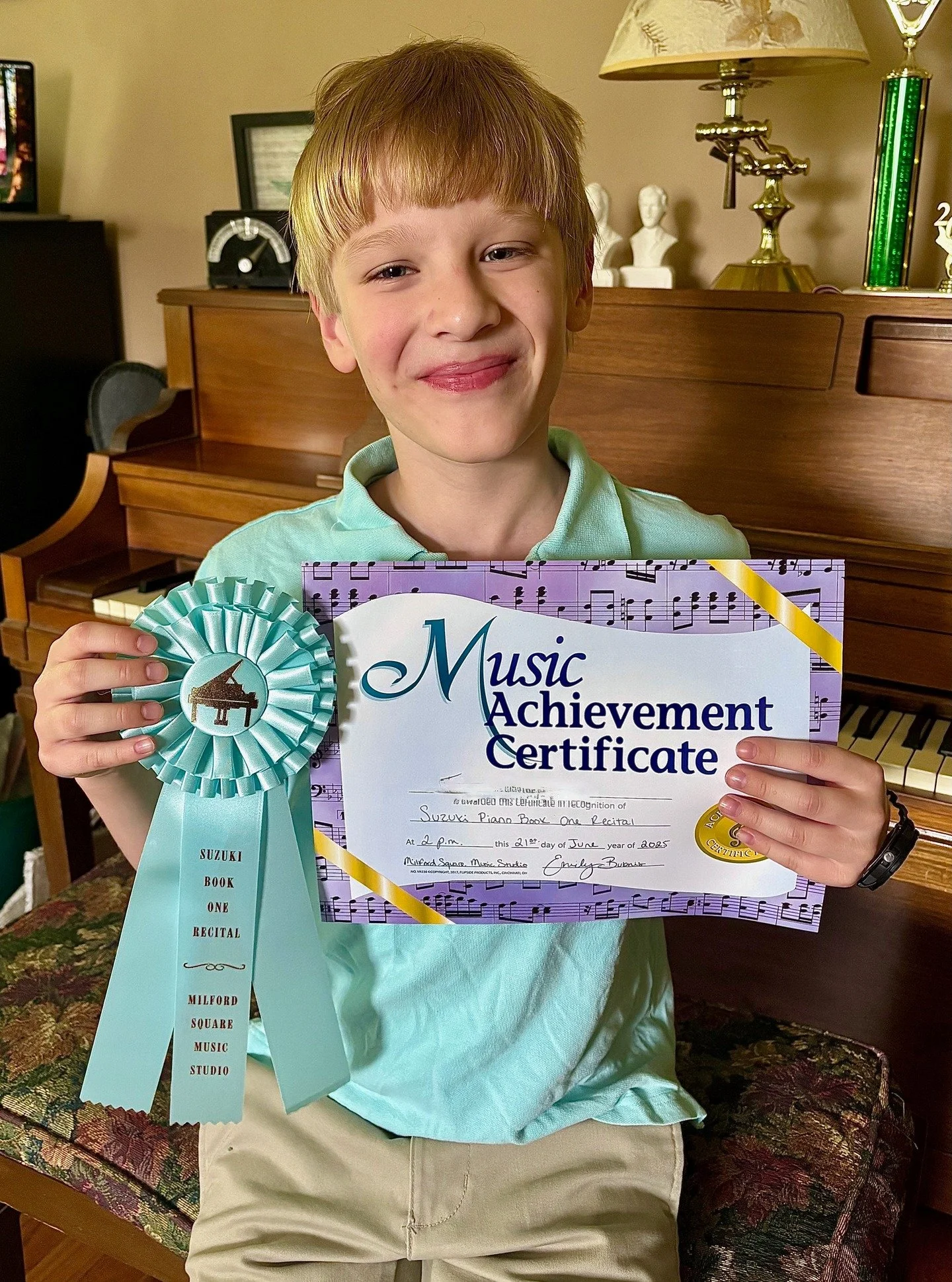 Suzuki Book One Recital
In our Suzuki program, when students complete the first Suzuki book of 18 pieces, they perform the entire book at a recital in their home, completely by memory with all the dynamic and interpretive elements. They can invite fa