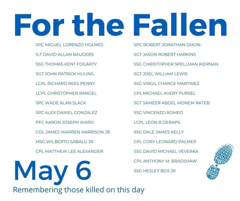 The Saturday Run is the foundation of wear blue: run to remember. Each weekend, service members are honored by name and remembered in the steps and breaths of our community.

wear blue invites you to share this week's Names of the Fallen graphic hono