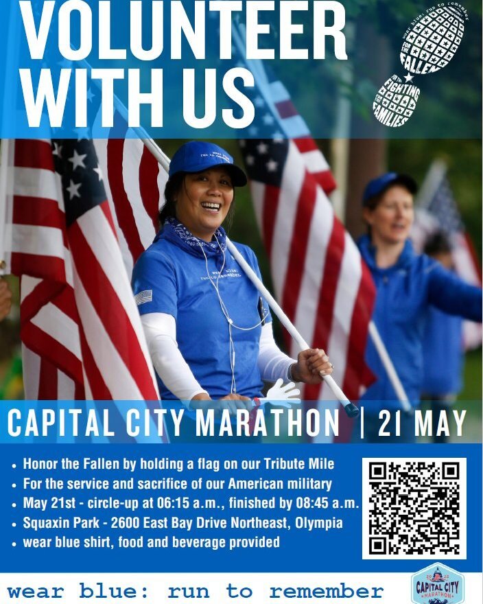 With the Capital City Marathon just over a week away, wear blue is in the final stages of preparing for the wear blue Mile.  Volunteers are needed to hold American flags adorned with ribbons embroidered with the names of fallen service members.  Plea