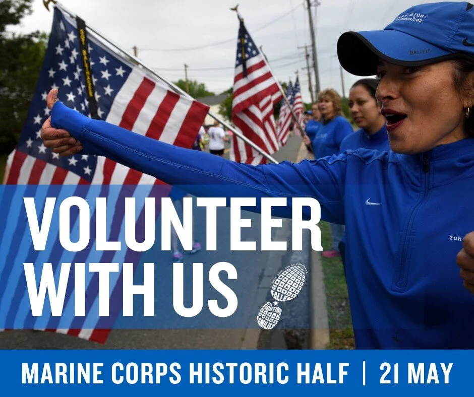 With the Marine Corps Historic Half Marathon just over a week away, wear blue is in the final stages of preparing for the wear blue Mile.  Volunteers are needed to hold American flags adorned with ribbons embroidered with the names of fallen service 