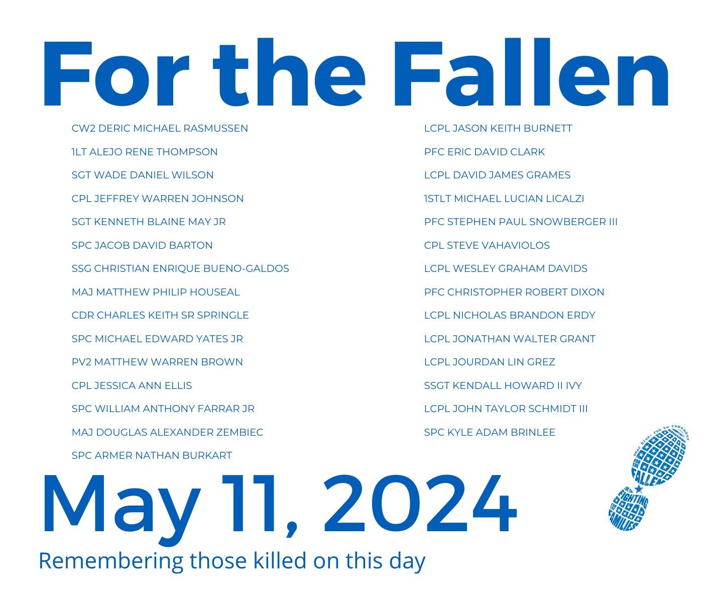 The Saturday Run is the foundation of wear blue: run to remember. Each weekend, service members are honored by name and remembered in the steps and breaths of our community.

wear blue invites you to share this week's Names of the Fallen graphic hono