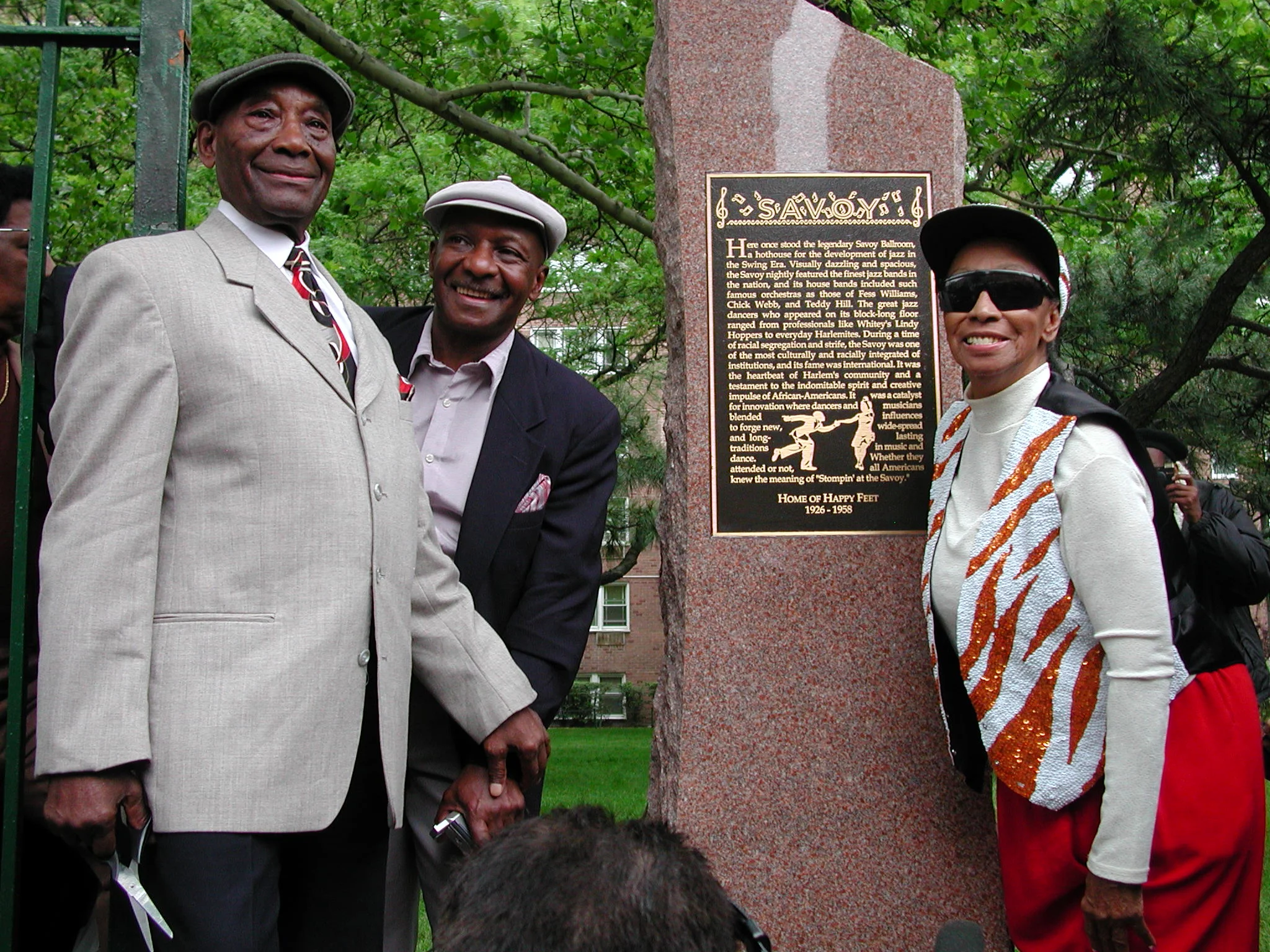 Frankie Manning, Chazz Young, and Norma Miller at the site of the Savoy Plaque, 2002