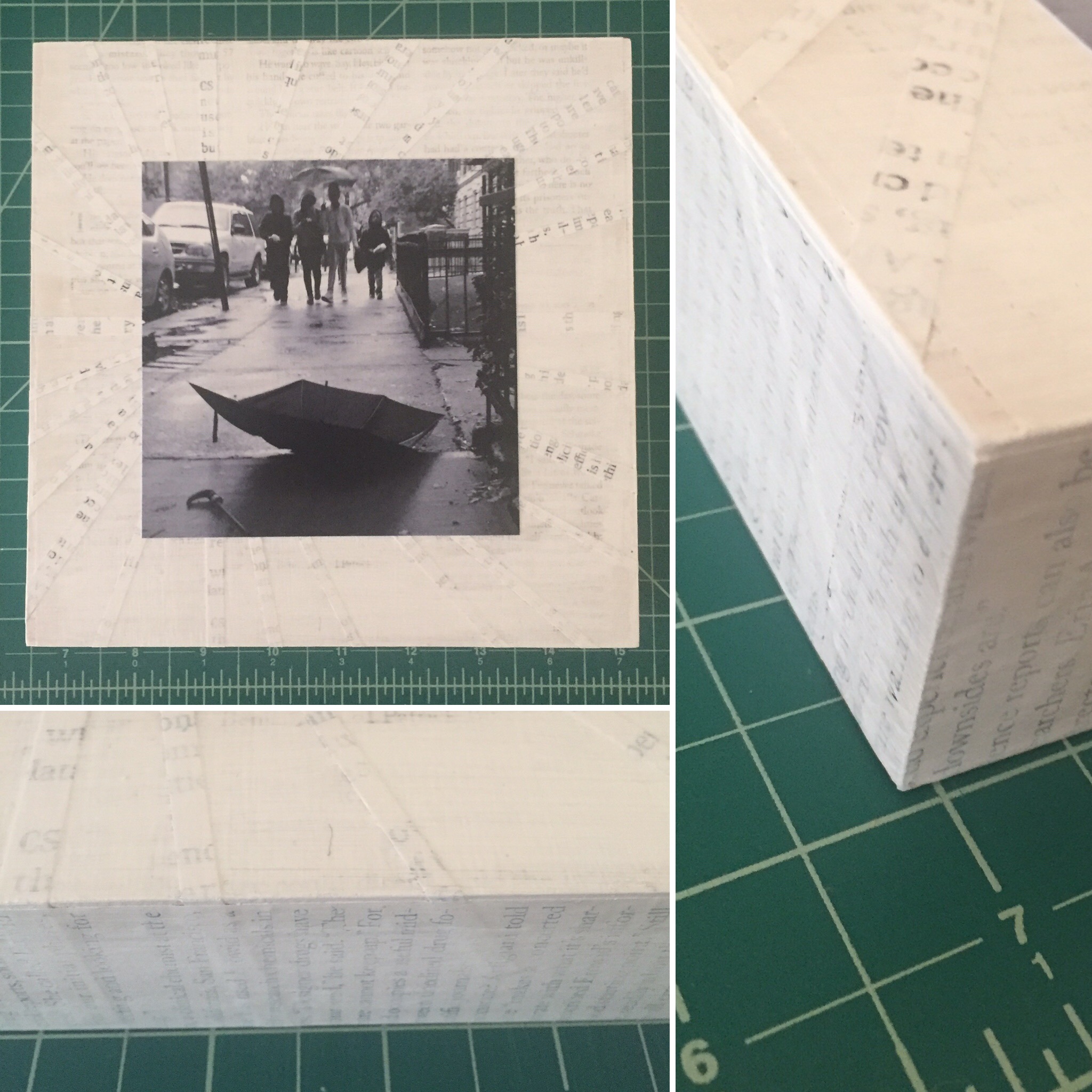 8 x 8" wood panel with 1-1/2" cradle, acrylic, magazine paper, photographic print. $350.