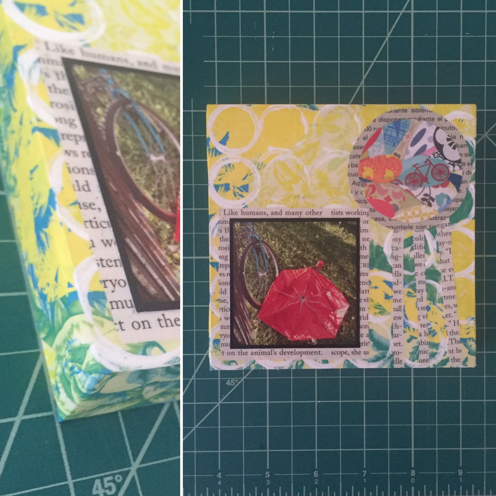 5 x 5" mixed media on 7/8" cradled wood panel. Paper, magazine, acrylic, photo print. $125.