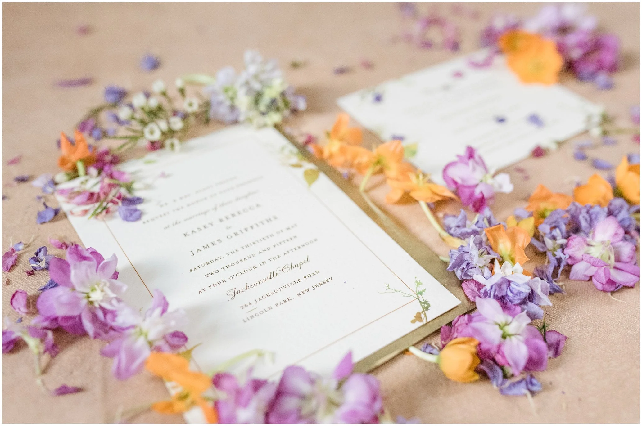 This beautiful image was created from an arrangement of flowers I received from my daughter for Mother's Day. Once the flowers were just about finished I crumpled them up and used them to frame Kasey and Jamie's lovely invitation. 