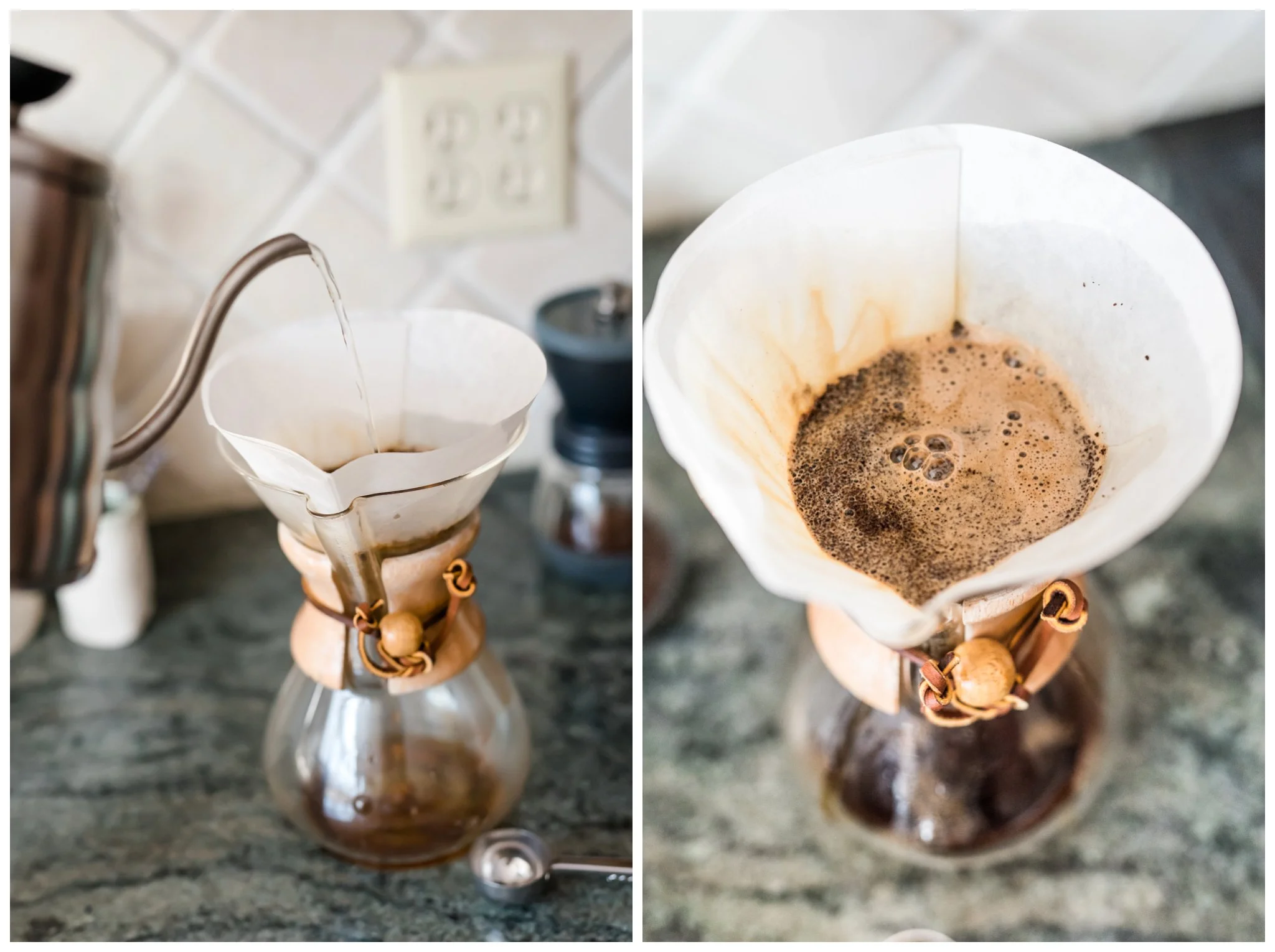 Here I am actually trying to pour the water and take the photo at the same time! Not as easy as I thought. In the beginning, you just pour a bit to get the grinds to really soak up the water. Also you can download the app from intelligentsia and it will help you follow the directions perfectly as far as the timing of how long and how much water and coffee beans to use. 