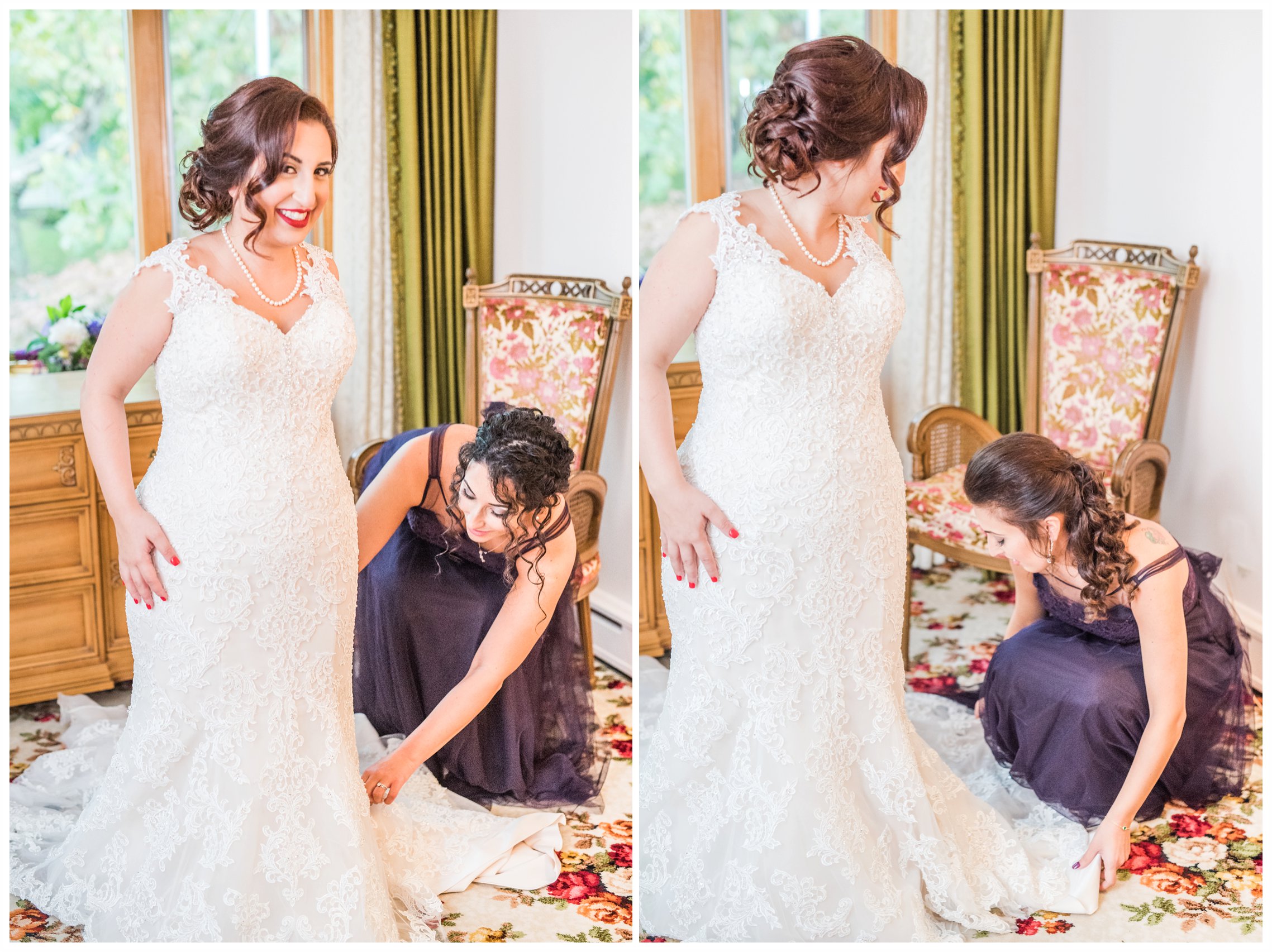 bride and sister enjoying getting ready for wedding day