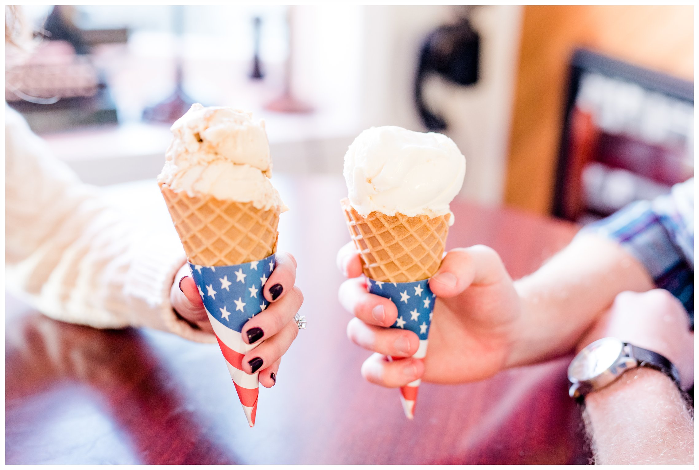 Couple on engagement session enjoying cute ice cream cones at Verona Park, Verona New Jersey.