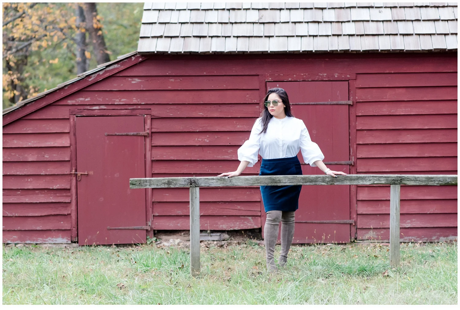 white dress blouse with velvet skirt