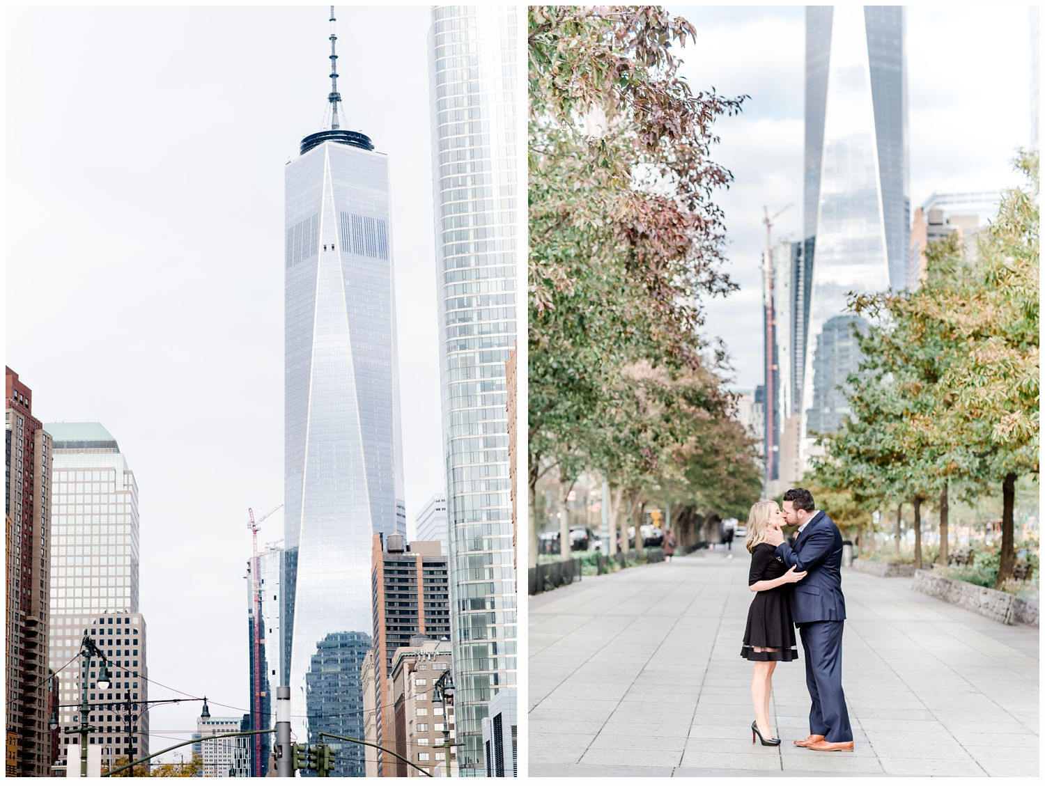 engaged couple kissing by freedom tower