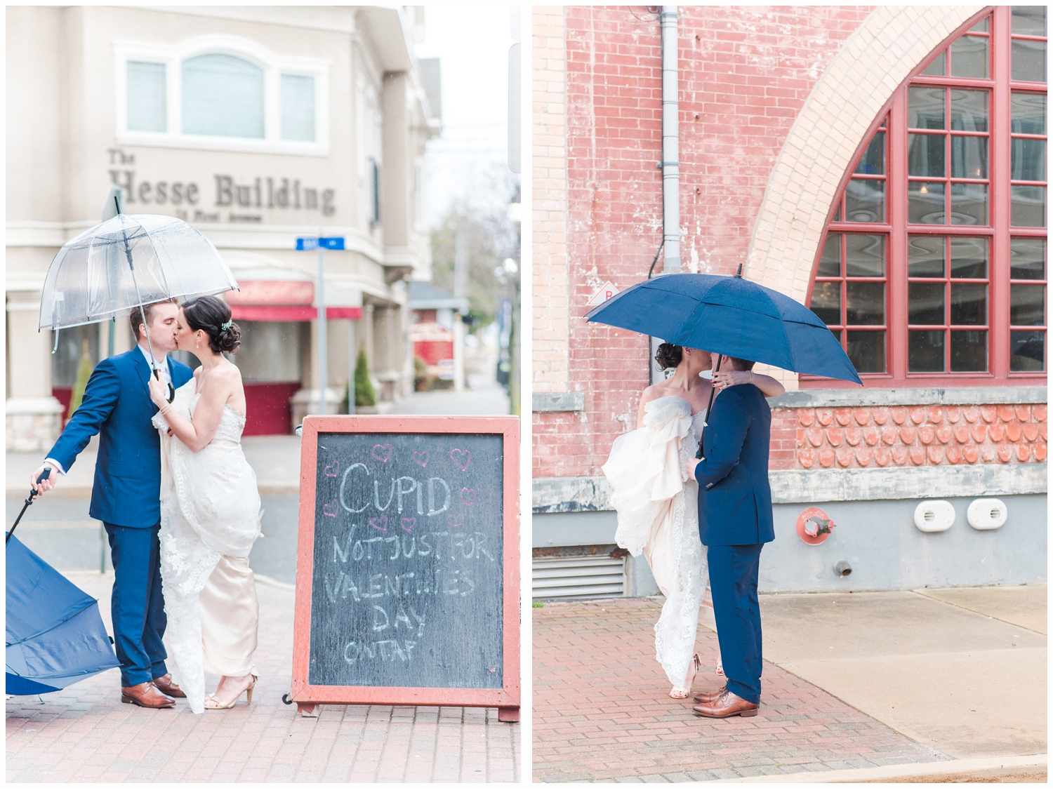 bride and groom under umbrella for first look