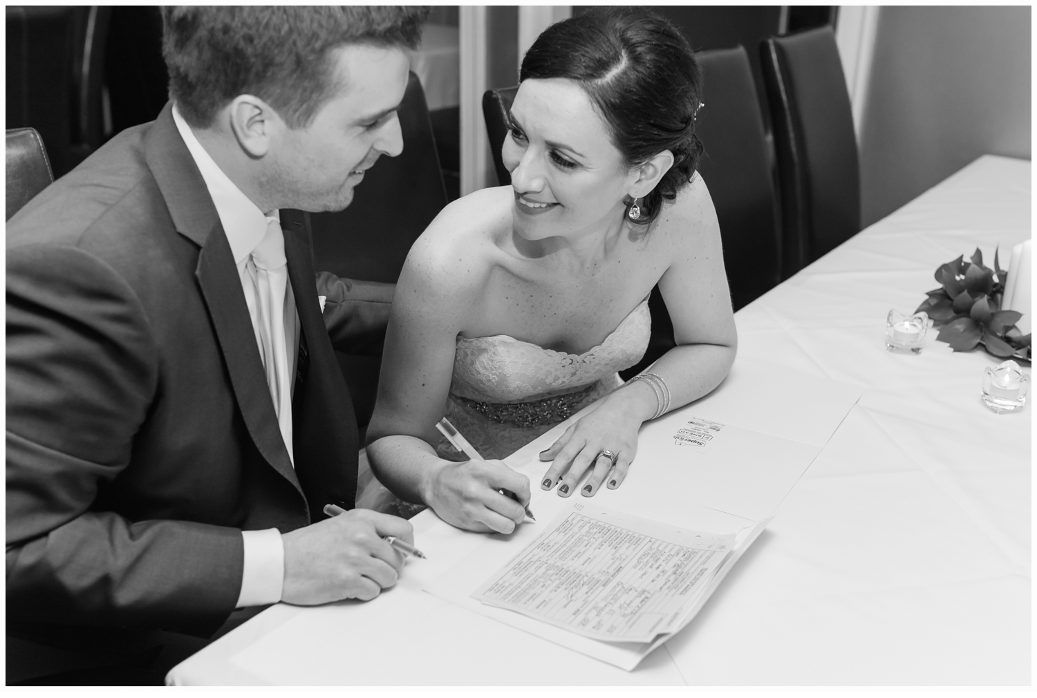 bride and groom signing marriage license