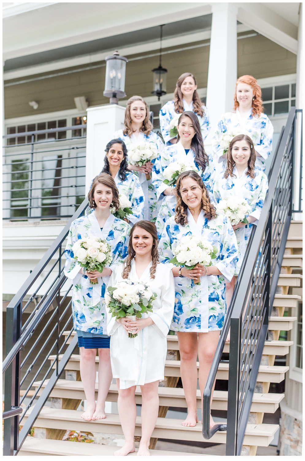 bridesmaids in pretty blue robes