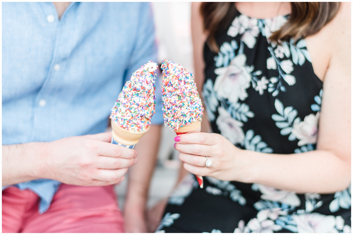 engaged couple eating ice cream