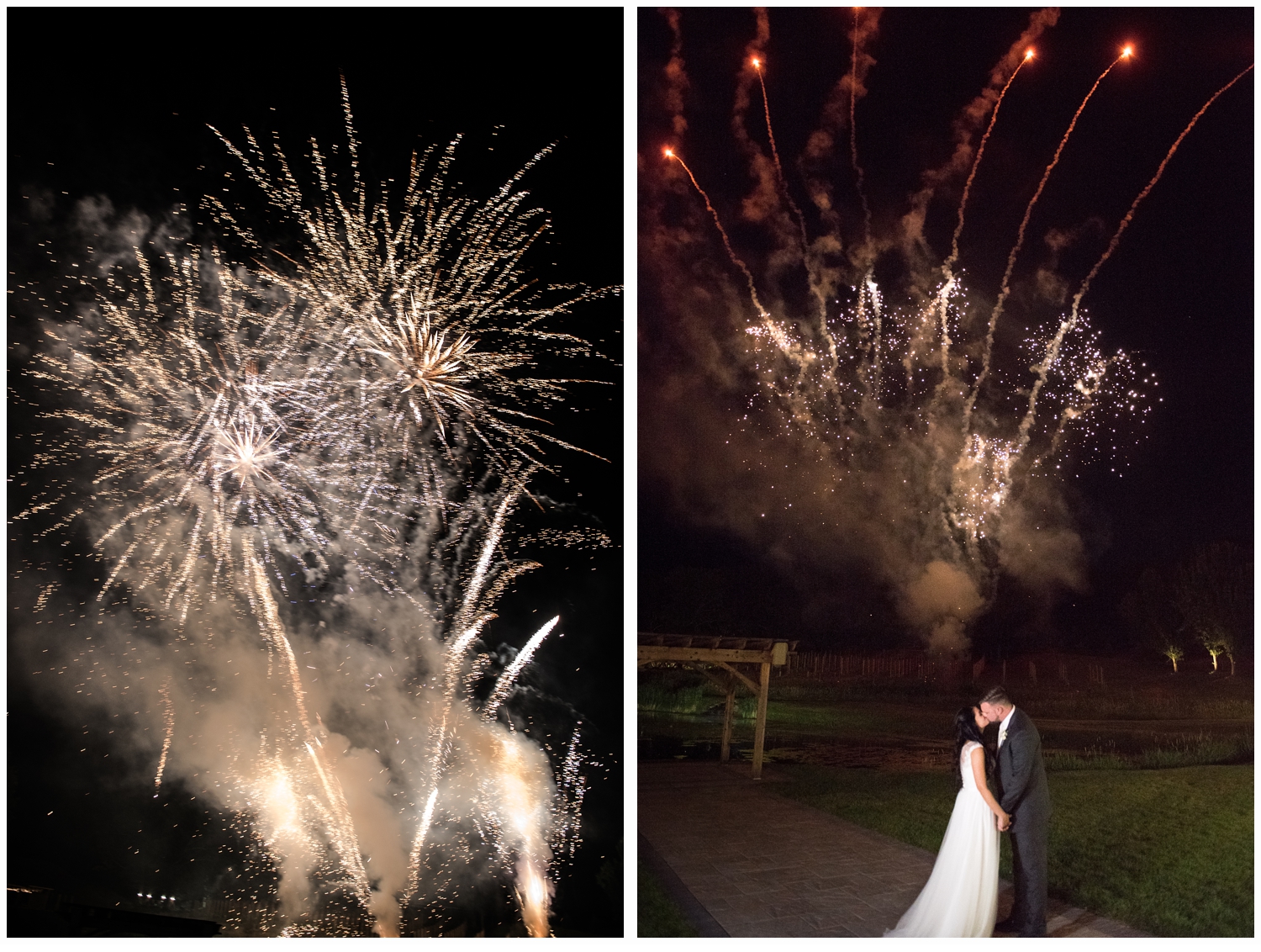 bride and groom watching firework display