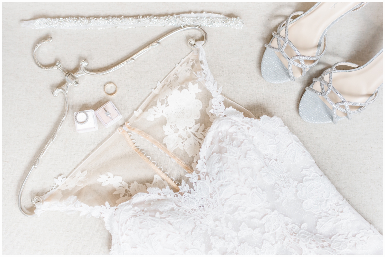 wedding gown on pretty silver hangar