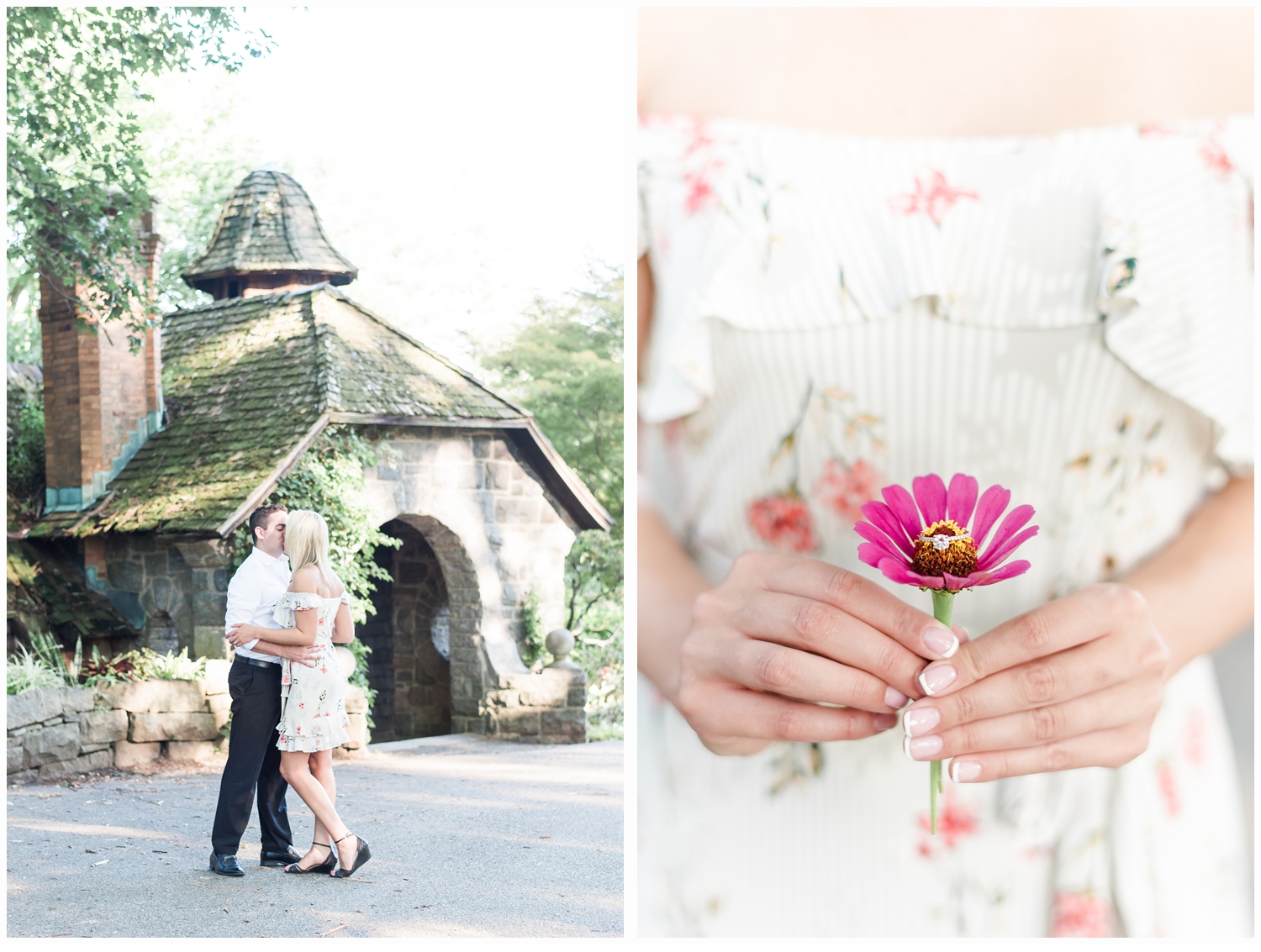 woman holding flower with engagement ring inside