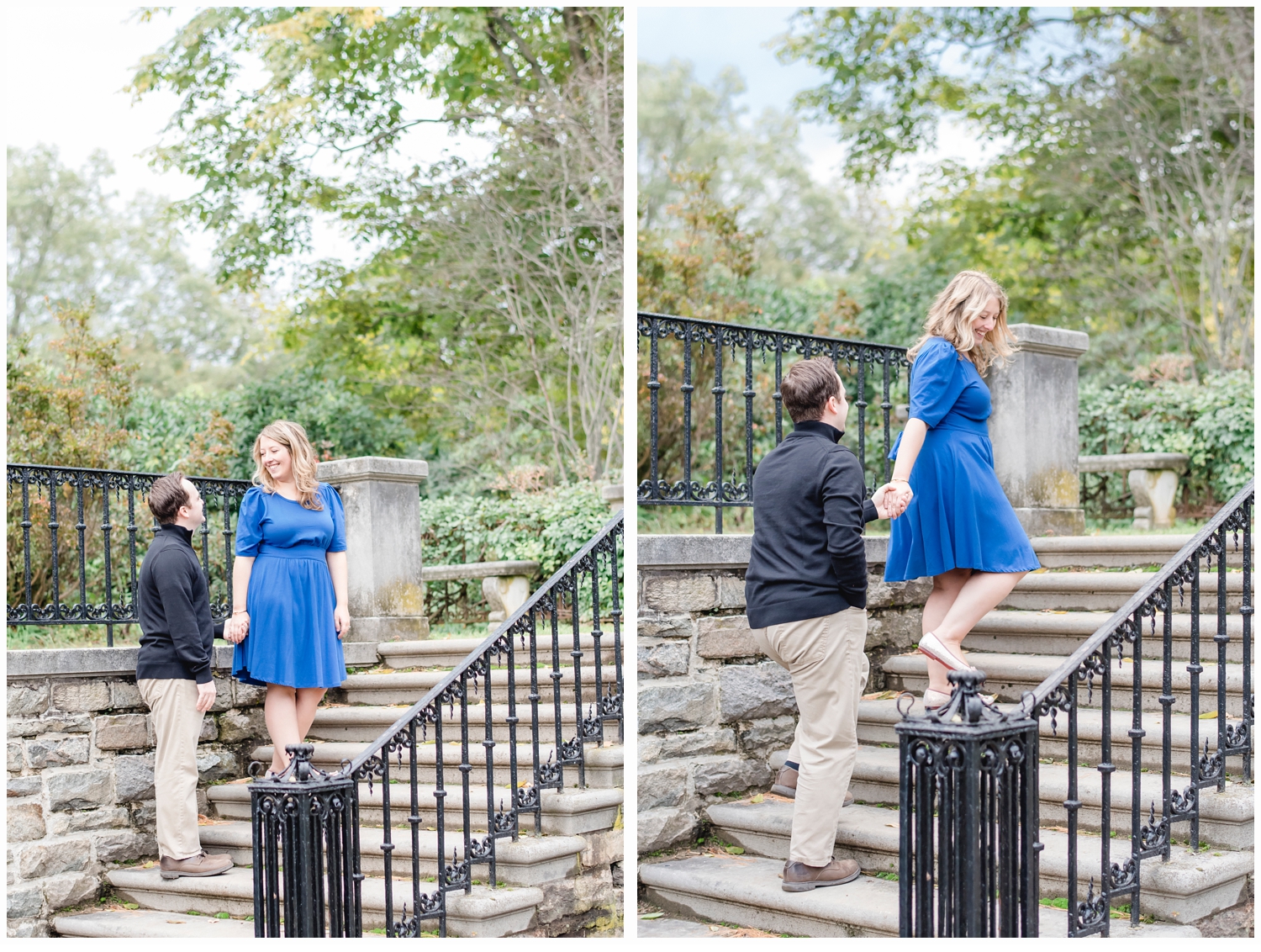 a couple on an engagement session walking up stairs
