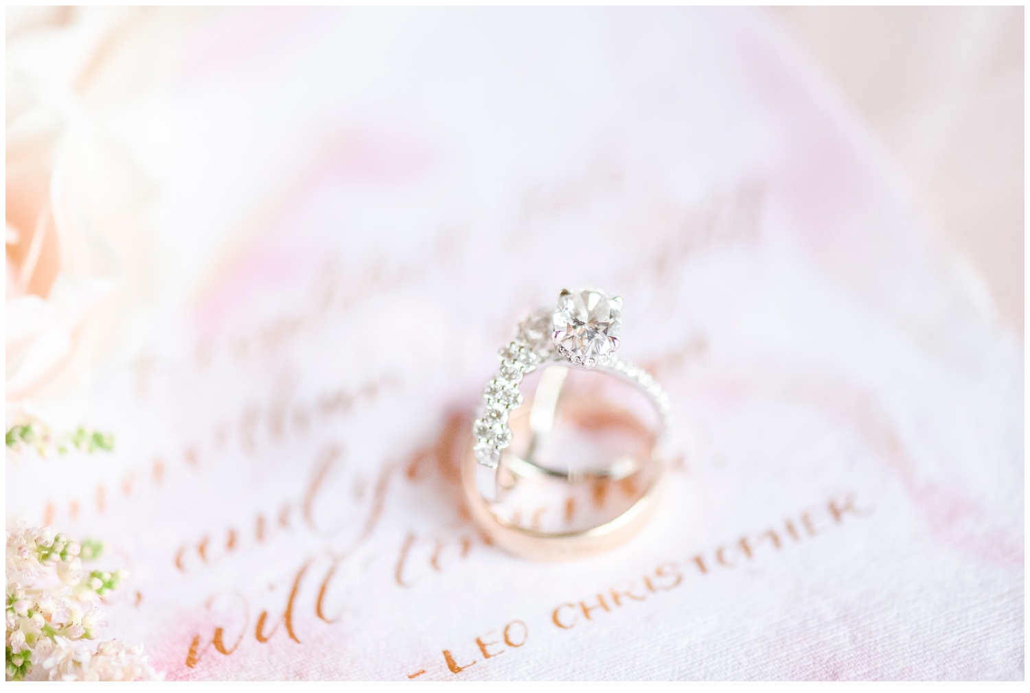 wedding rings on pretty invitation